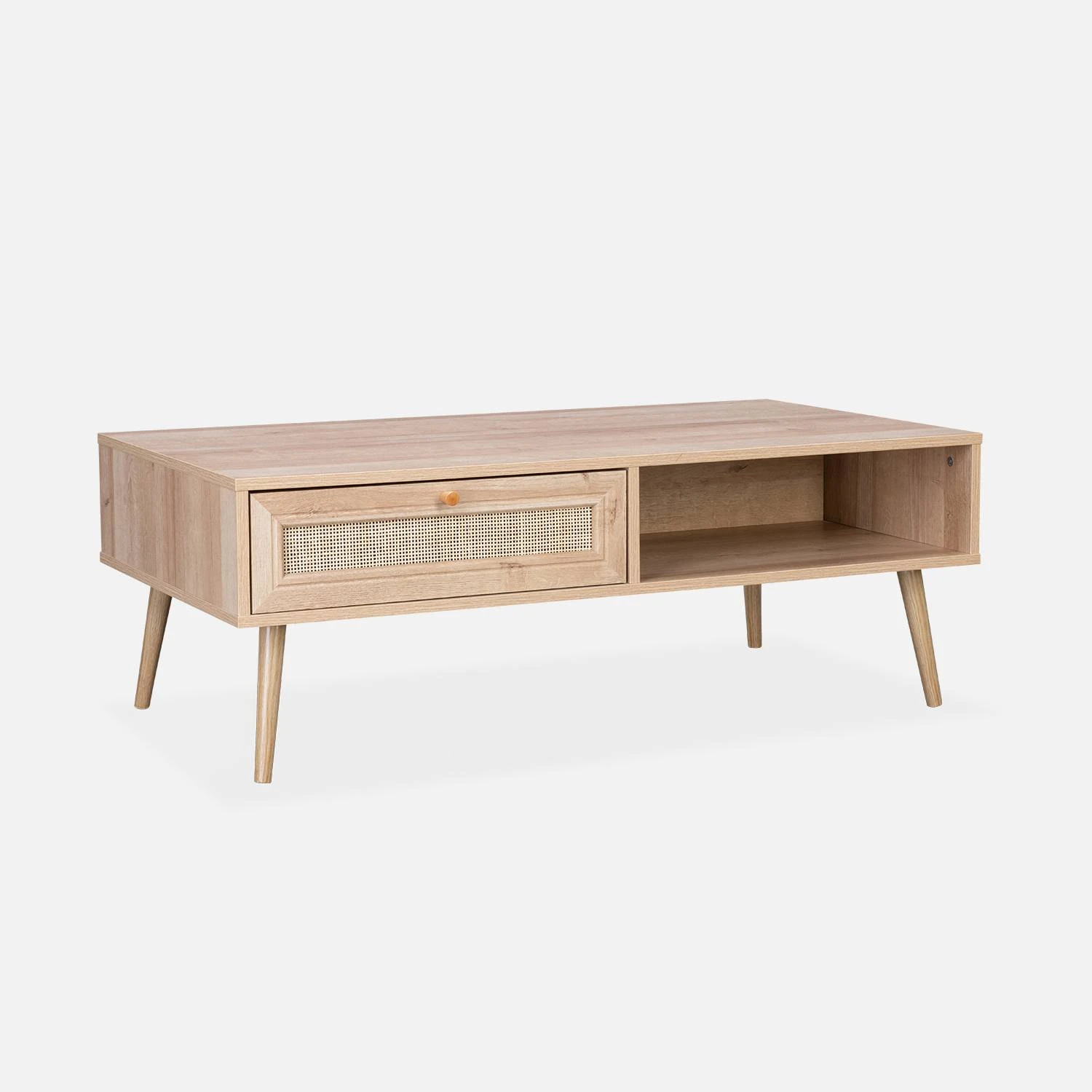 Table Basse Scandinave En Cannage, 1 Tiroir Couleur : Naturel â Image 2