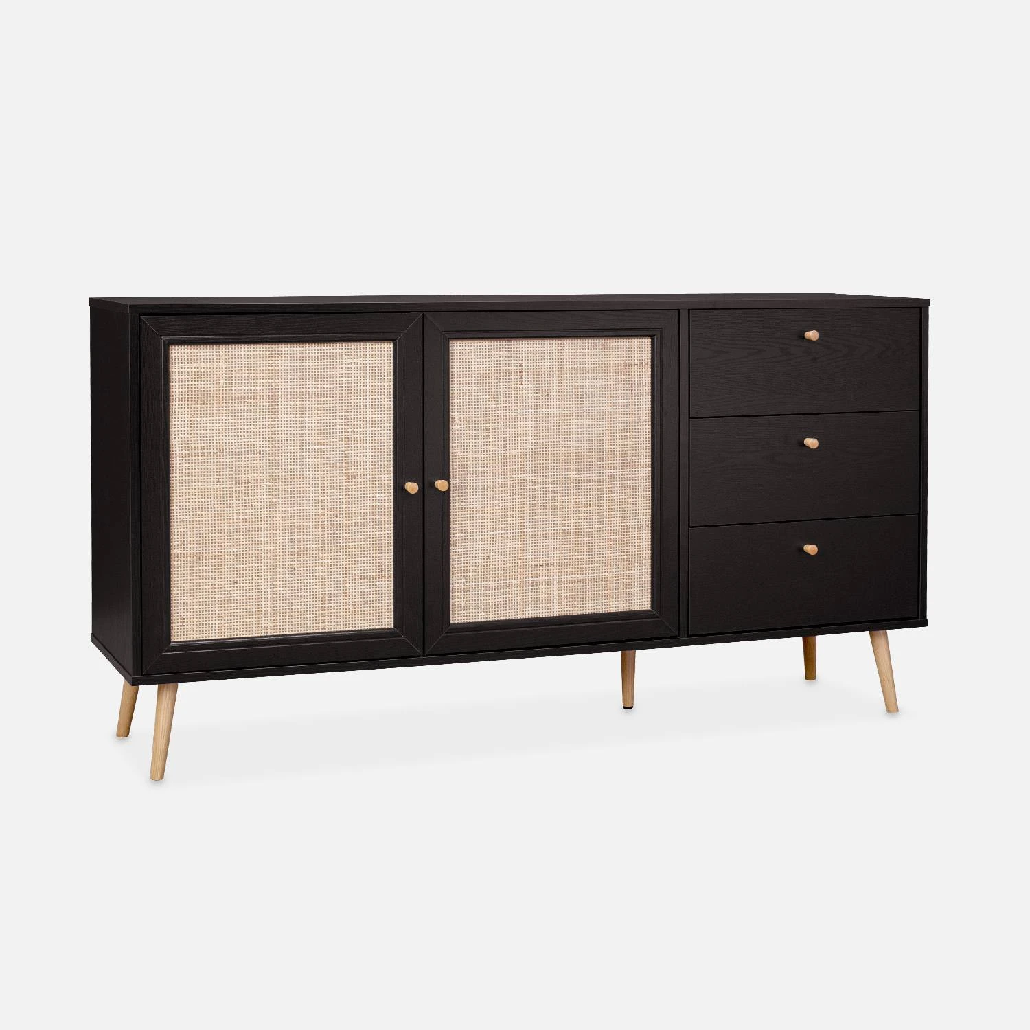 Buffet Scandinave Effet Bois Et Cannage 2 Portes 150 Cm Couleur : Noir â Image 3