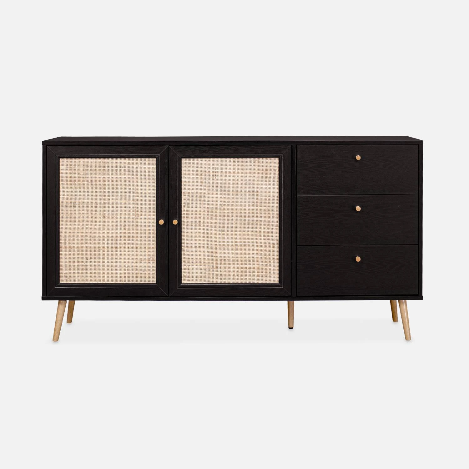 Buffet Scandinave Effet Bois Et Cannage 2 Portes 150 Cm Couleur : Noir â Image 4
