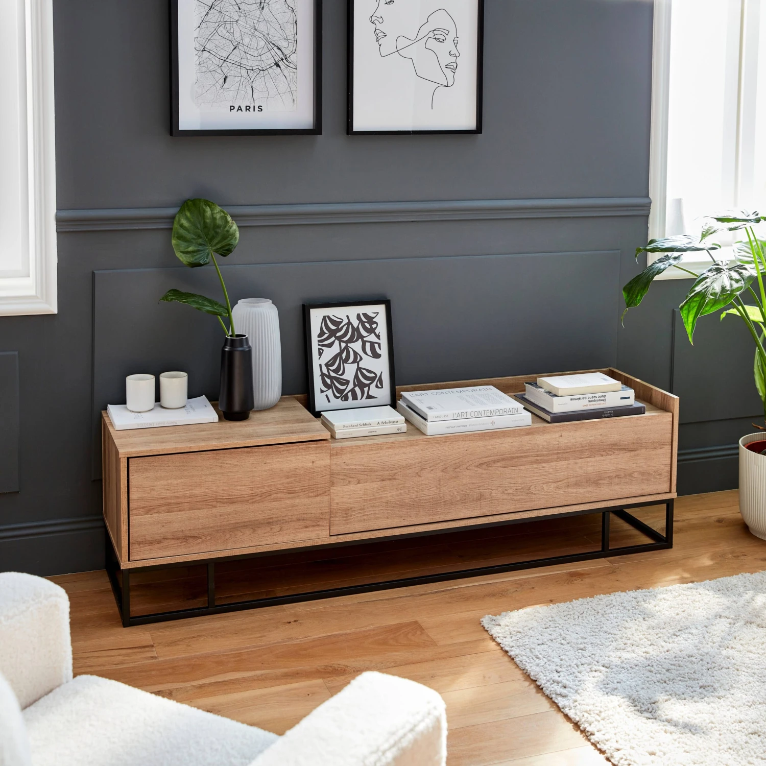 Meuble TV Métal Et Effet Bois 2 Espaces De Rangement 160 Cm – Image 2