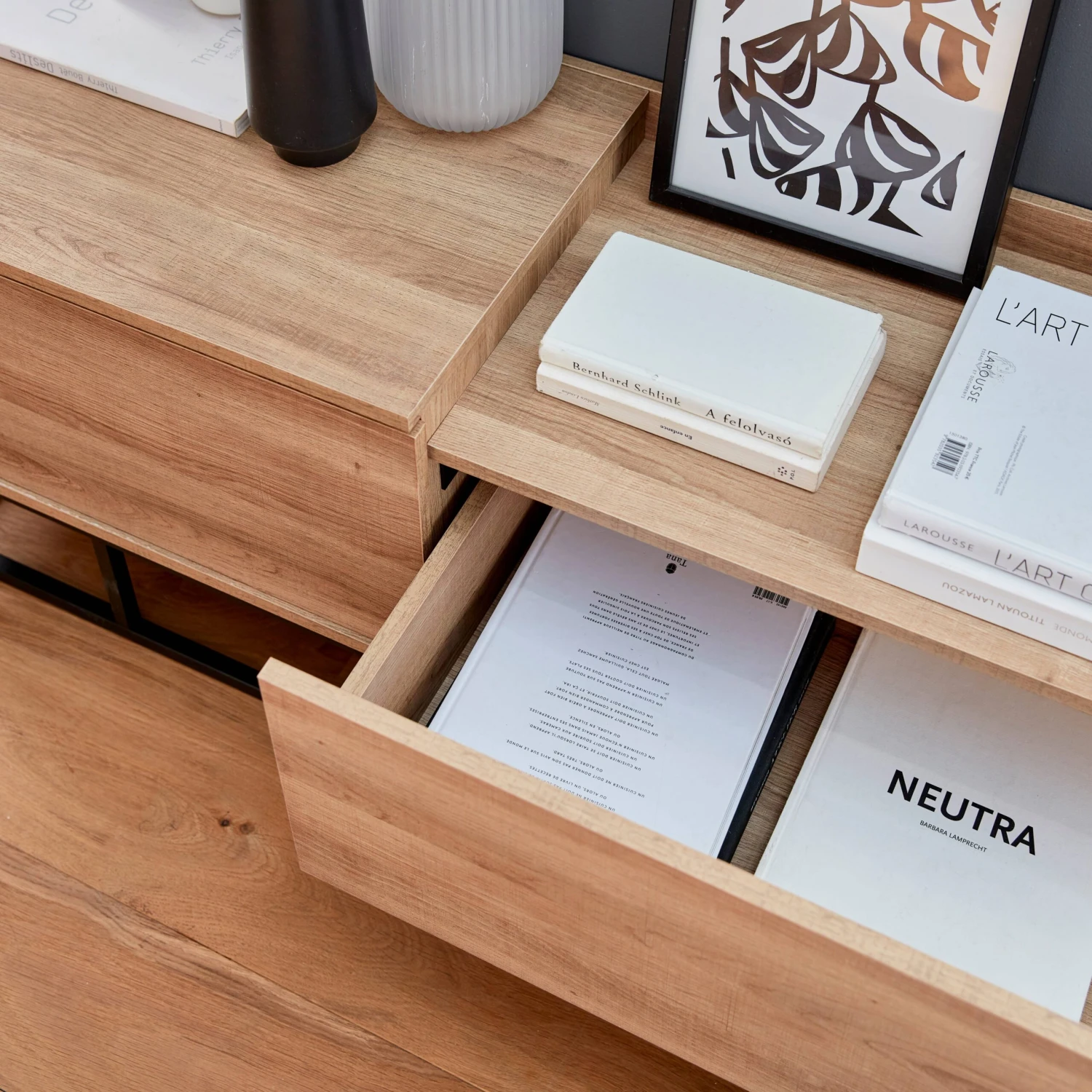 Meuble TV Métal Et Effet Bois 2 Espaces De Rangement 160 Cm – Image 3