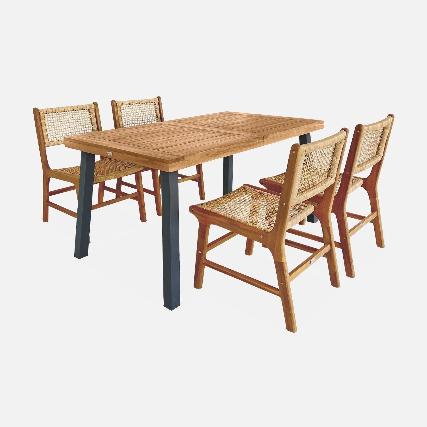 Table Intérieur / Extérieur Bois Et Métal + 4 Chaises En Cannage Et Bois – Image 3