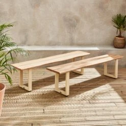 Banc 3 Places Acacia Brossé Clair, Structure Acier (lot De 2) Couleur : Ivoire