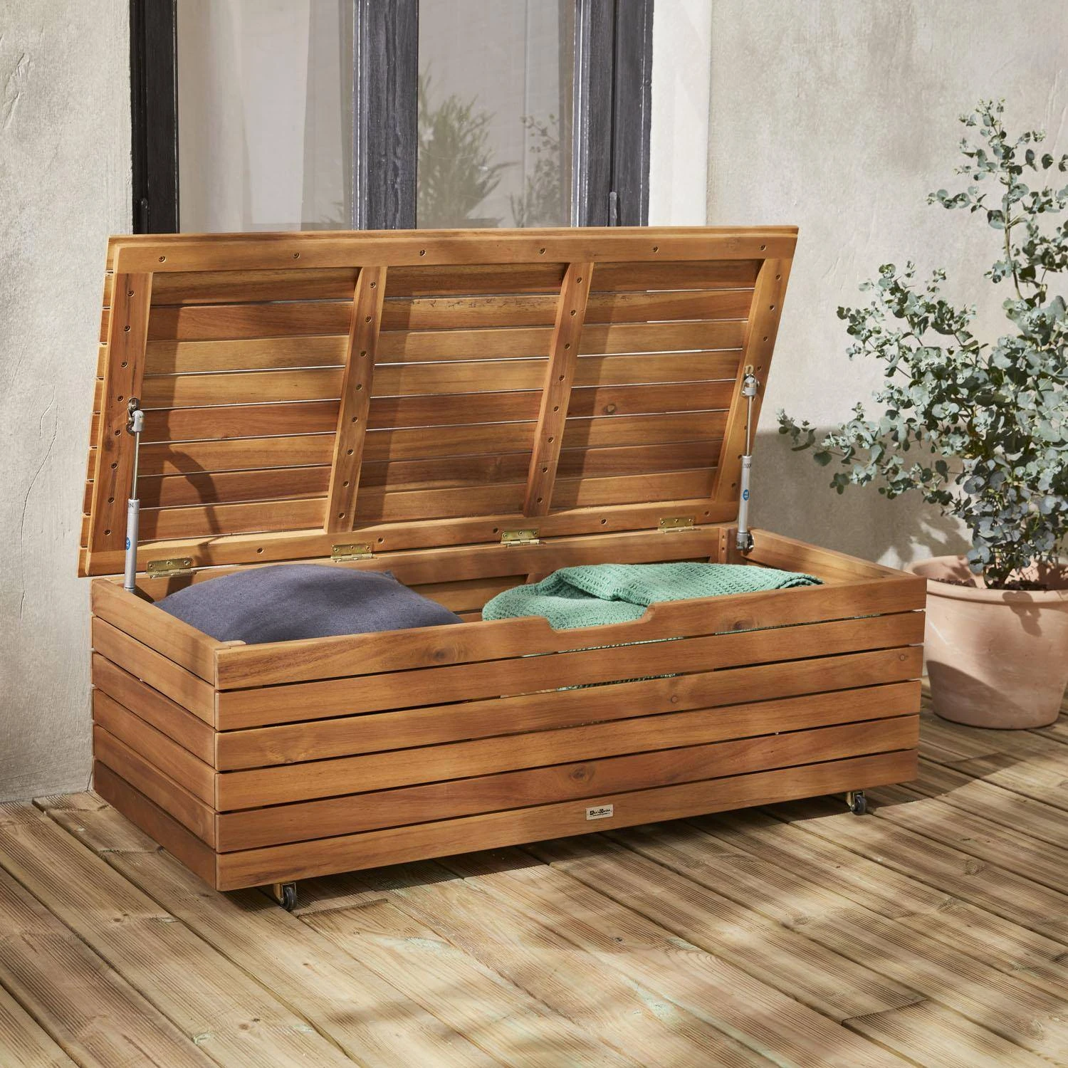 Coffre De Jardin Bois 110L Avec Vérins Et Roulettes – Image 2
