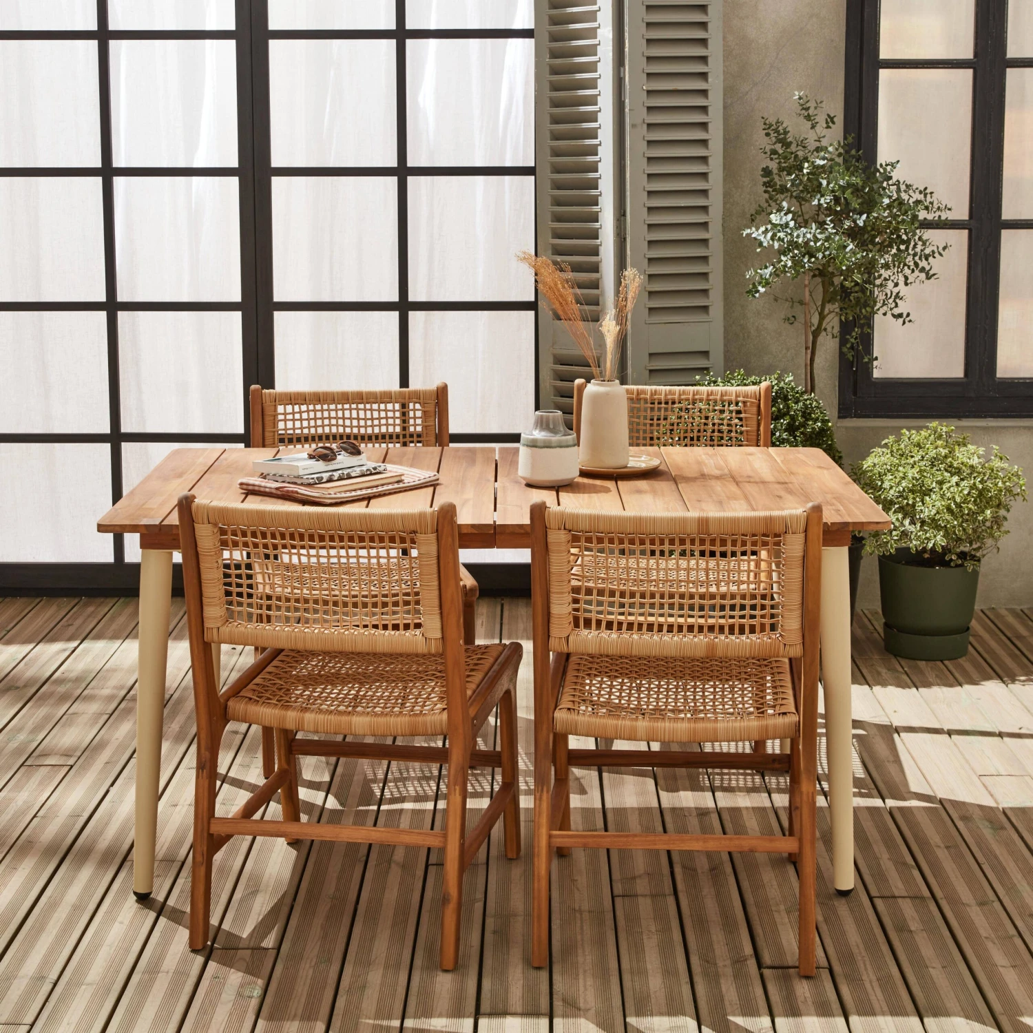 Table De Jardin Bois Et Métal + 4 Chaises En Cannage Et Bois Couleur : Ivoire – Image 2