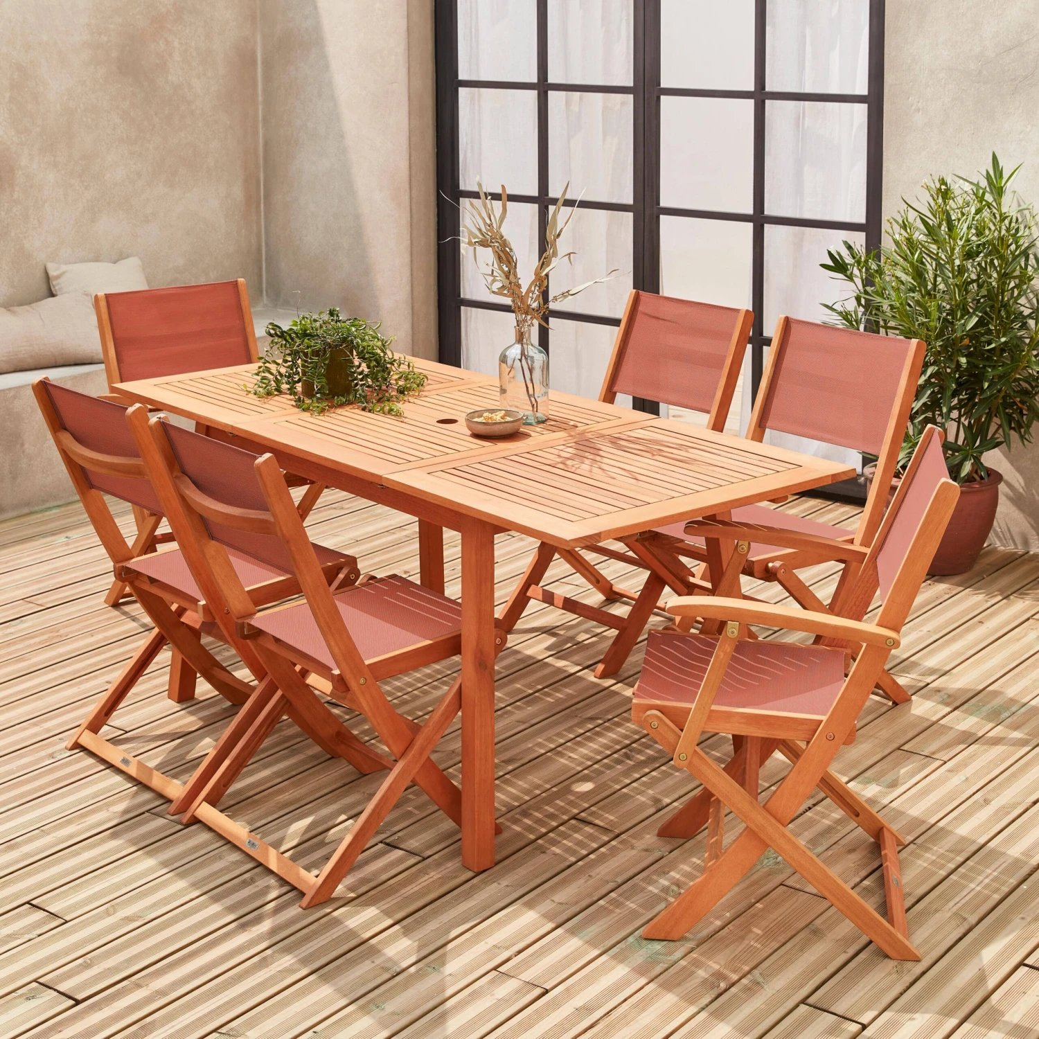 Table De Jardin Extensible Bois , 6 Chaises Couleur : Bois / Terra Cotta