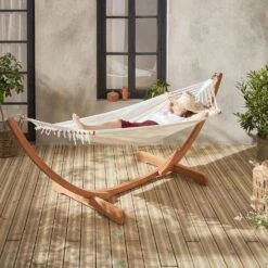 Hamac Sur Pieds En Bois, Toile En Coton Couleur : Blanc