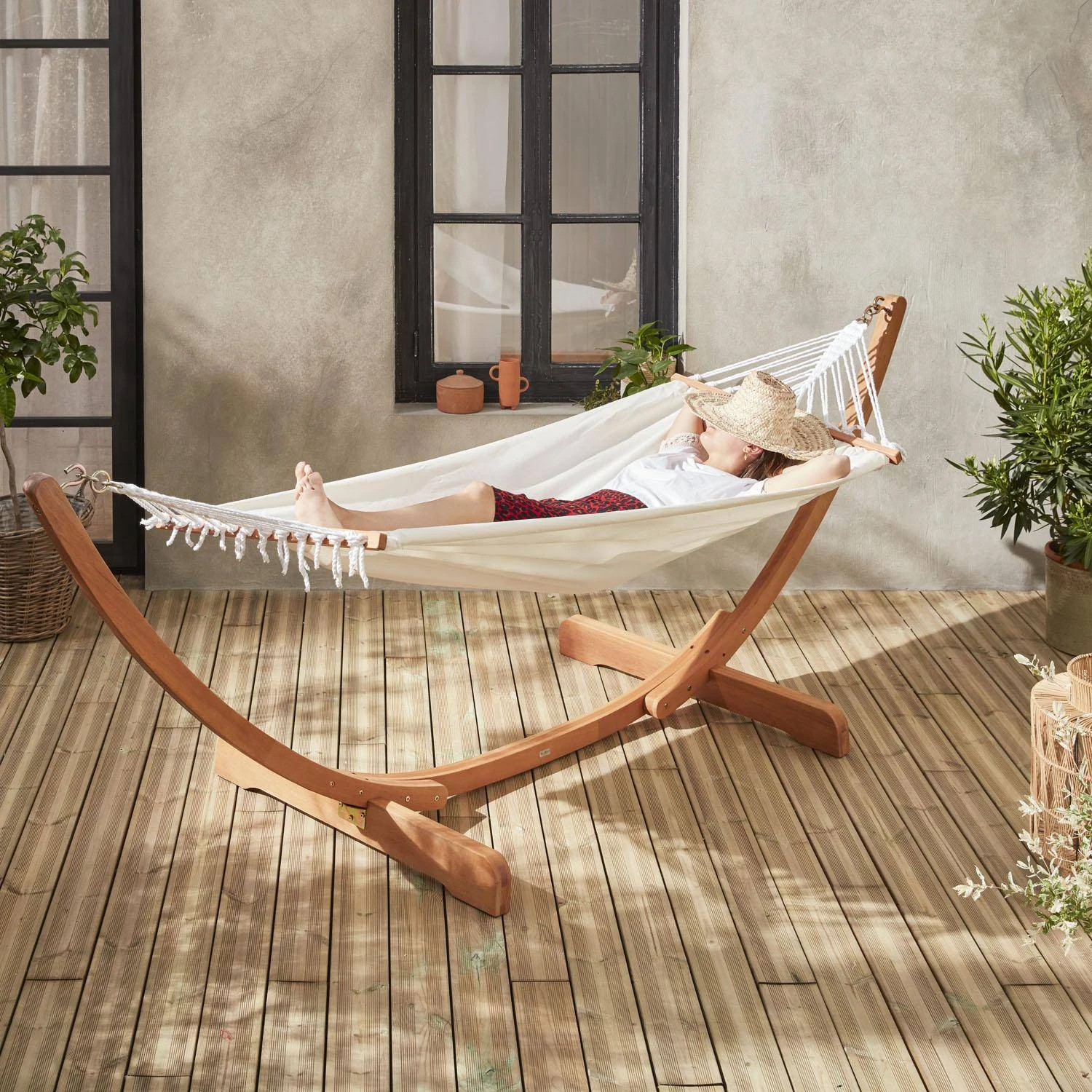 Hamac Sur Pieds En Bois, Toile En Coton Couleur : Blanc