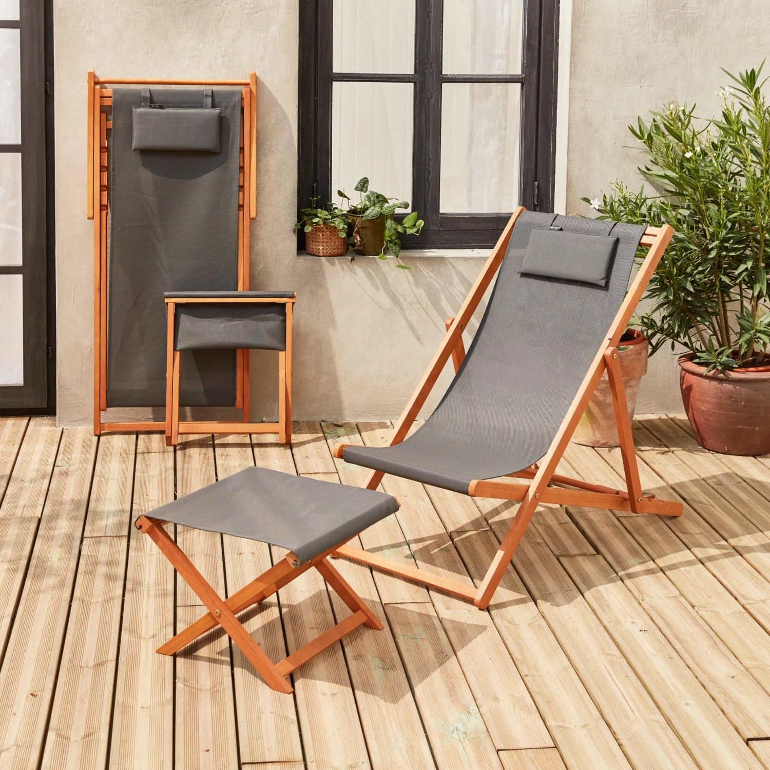 Bain De Soleil Et Repose-pieds Bois Eucalyptus Multi Positions (lot De 2) â Image 2