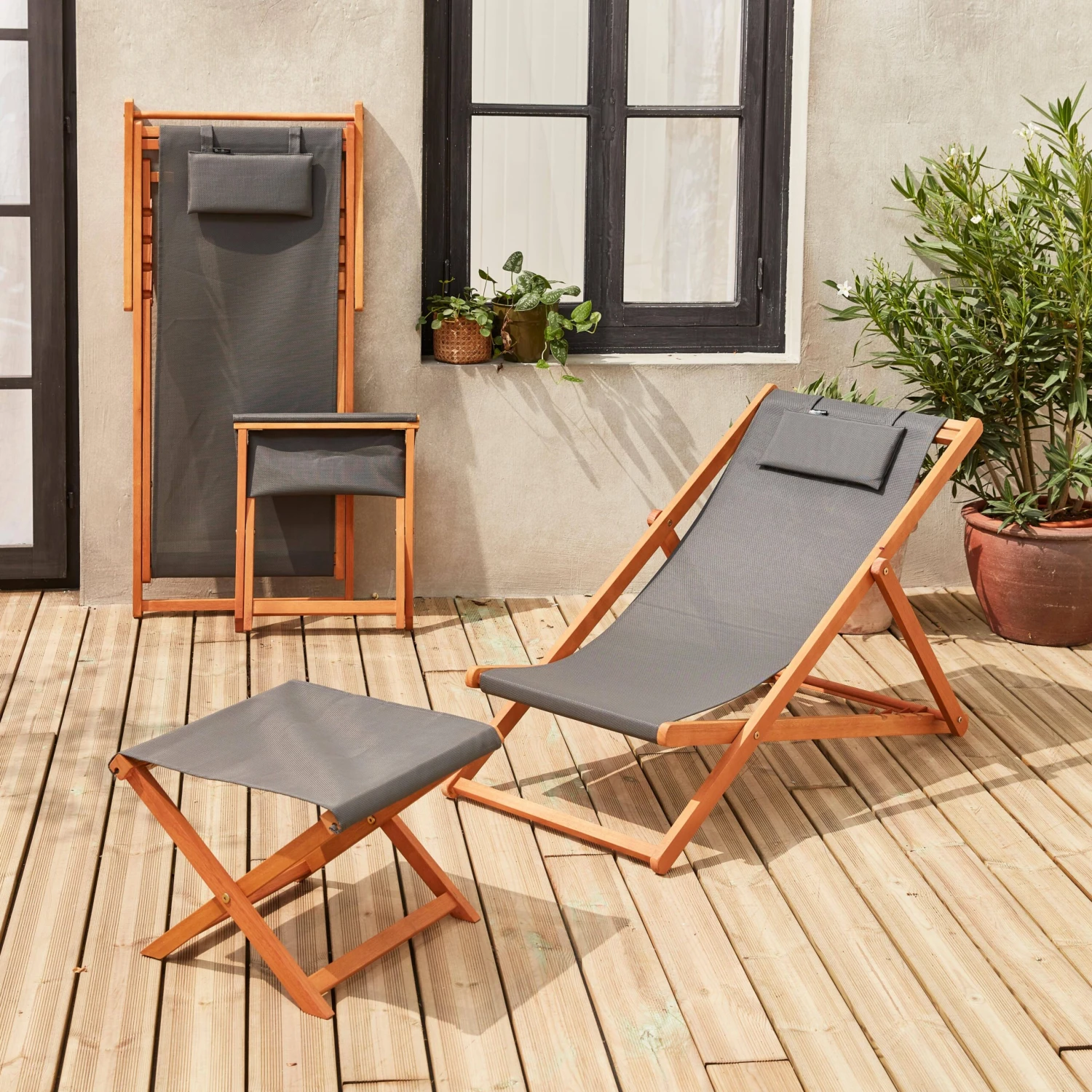 Bain De Soleil Et Repose-pieds Bois Eucalyptus Multi Positions (lot De 2) â Image 3