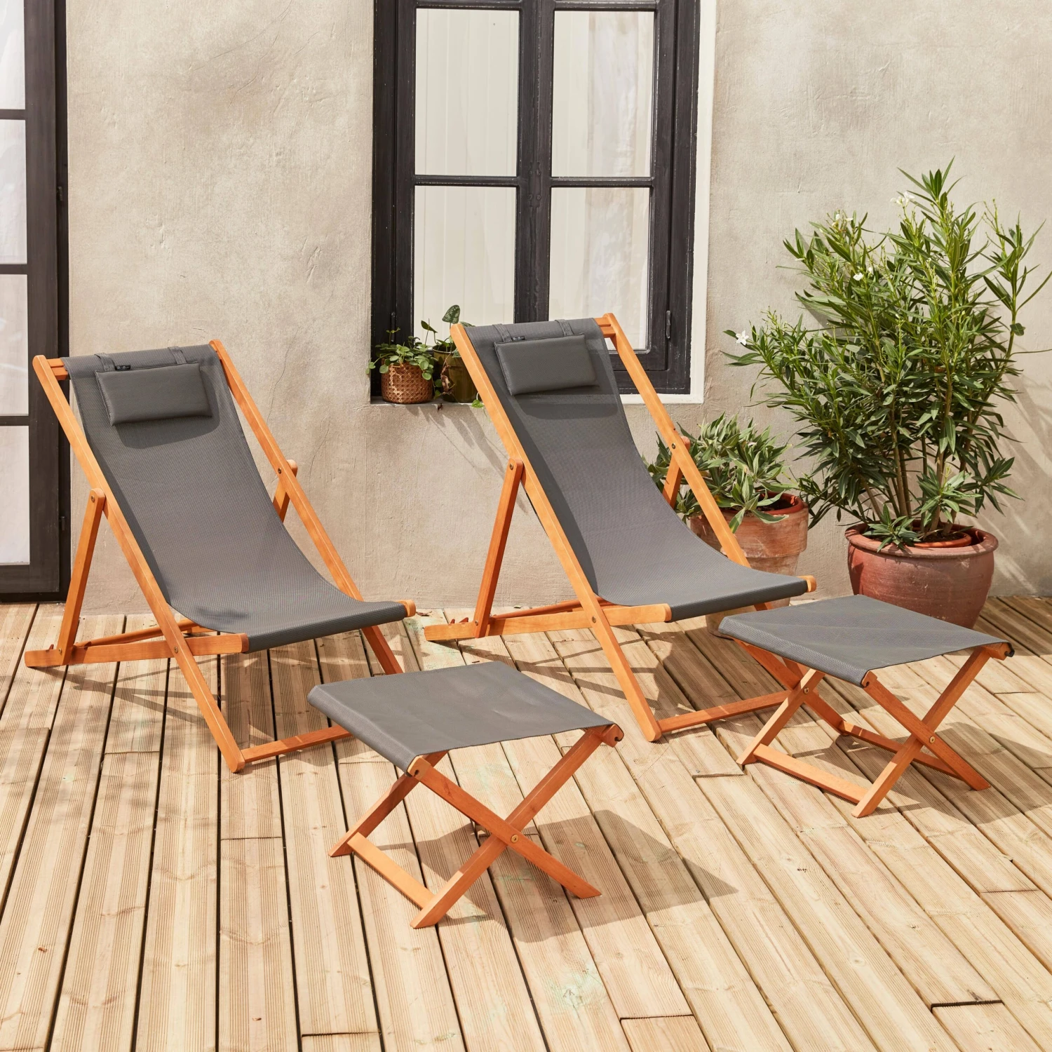 Bain De Soleil Et Repose-pieds Bois Eucalyptus Multi Positions (lot De 2)