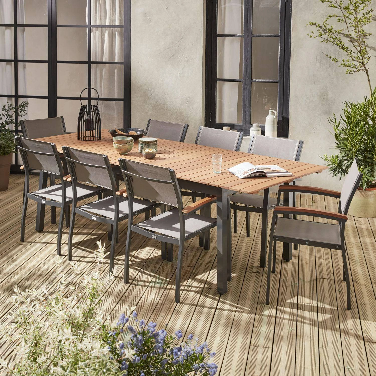 Table De Jardin Extensible Bois Et Aluminium, 8 Chaises Couleur : Anthracite / Gris Taupe