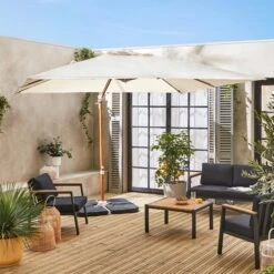 Parasol Déporté Carré 3x3m, Mùt Effet Bois Couleur : Ecru