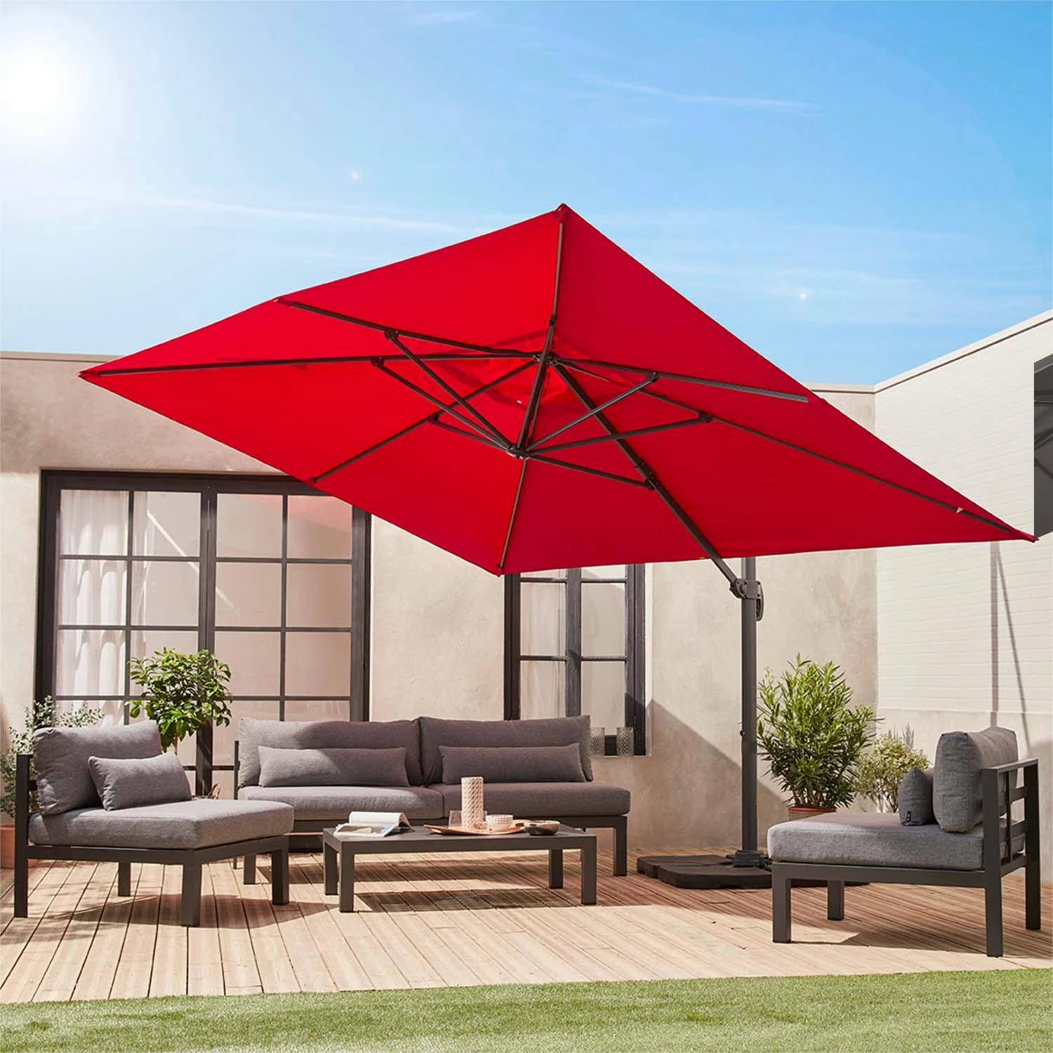 Parasol Déporté Rectangulaire 3x4m + Dalles à Lester 50x50cm Couleur : Rouge – Image 2