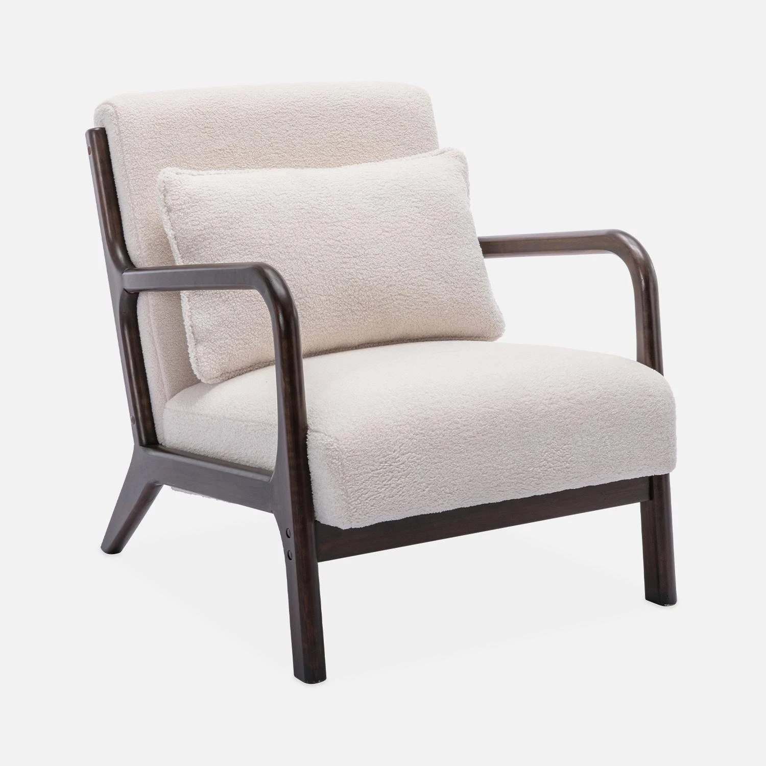 Fauteuil Scandinave Bouclette Et Bois D'hévéa Teinté Wengé – Image 3