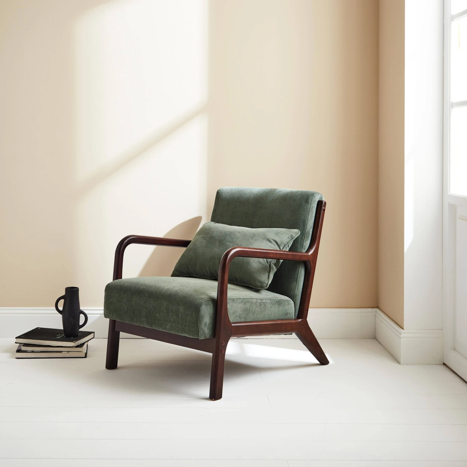 Fauteuil Scandinave Velours Côtelé Et Bois D'hévéa Wengé