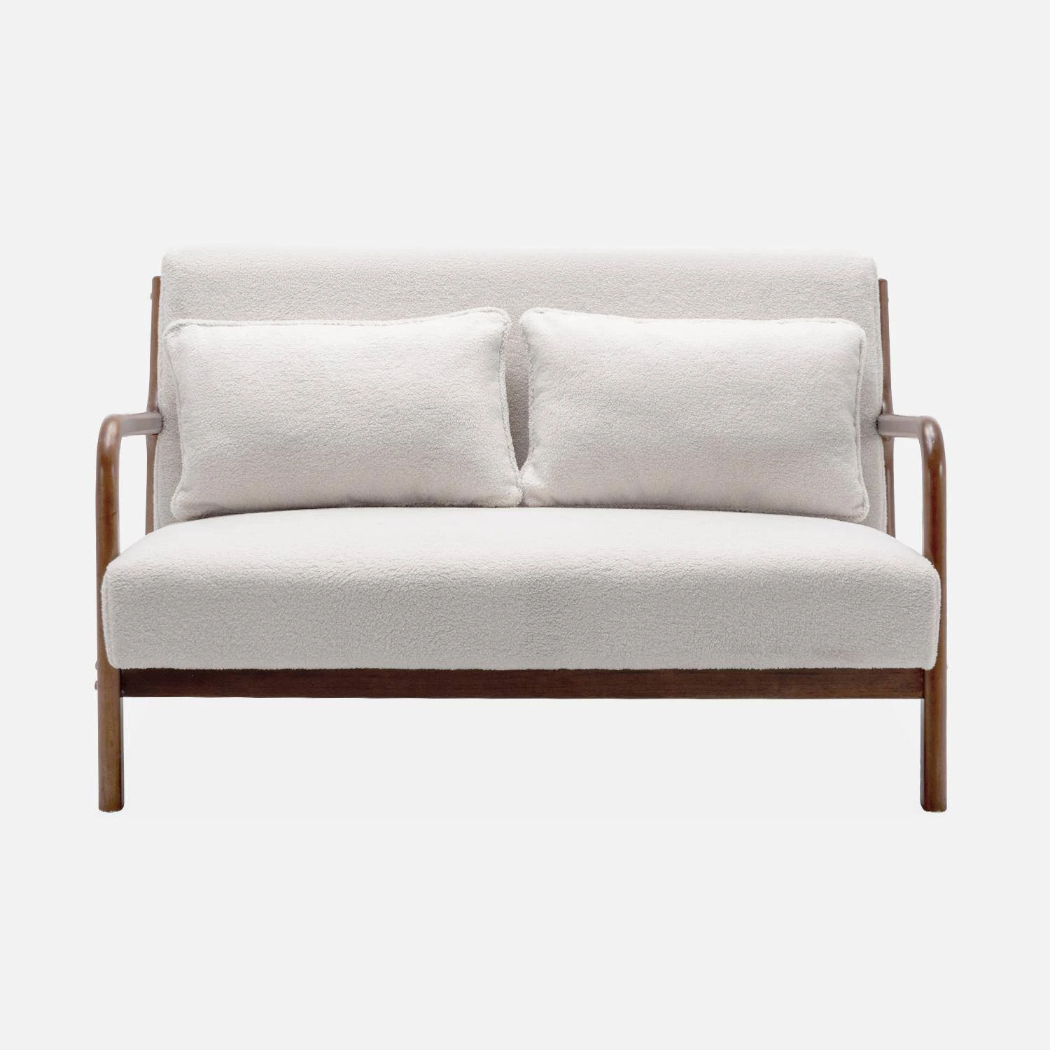 Banquette 2 Places + Fauteuil Bouclette En Bois D'hévéa Teinté Noyer Clair – Image 7