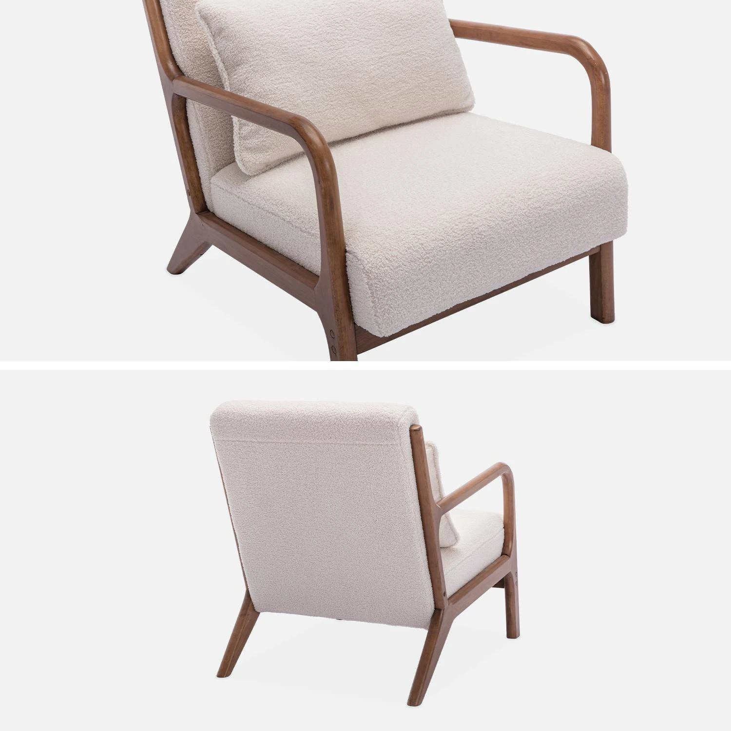 Fauteuil Scandinave Bouclettes Et Bois D'hévéa Teinté Noyer Clair – Image 5