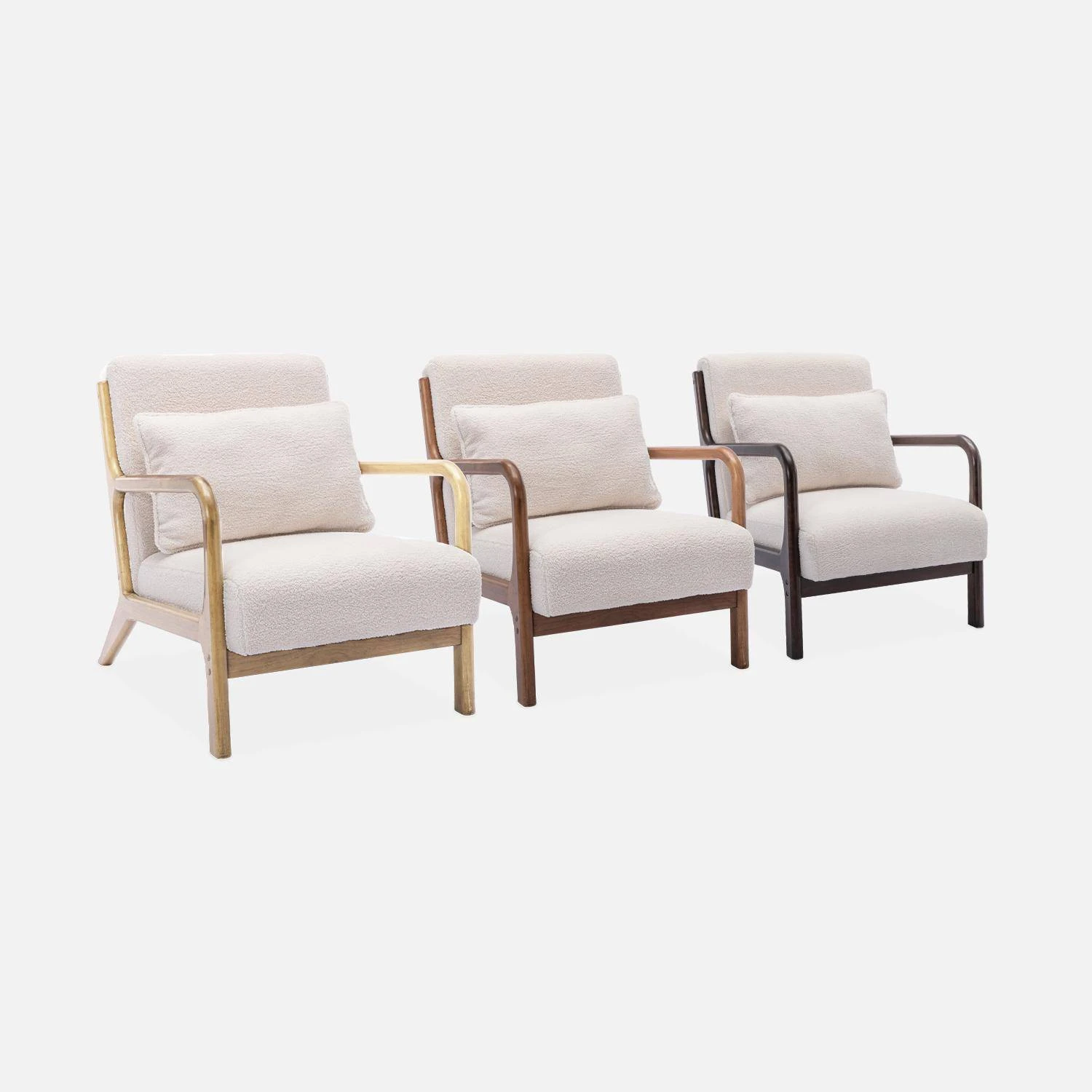 Fauteuil Scandinave Bouclettes Et Bois D'hévéa Teinté Noyer Clair – Image 7