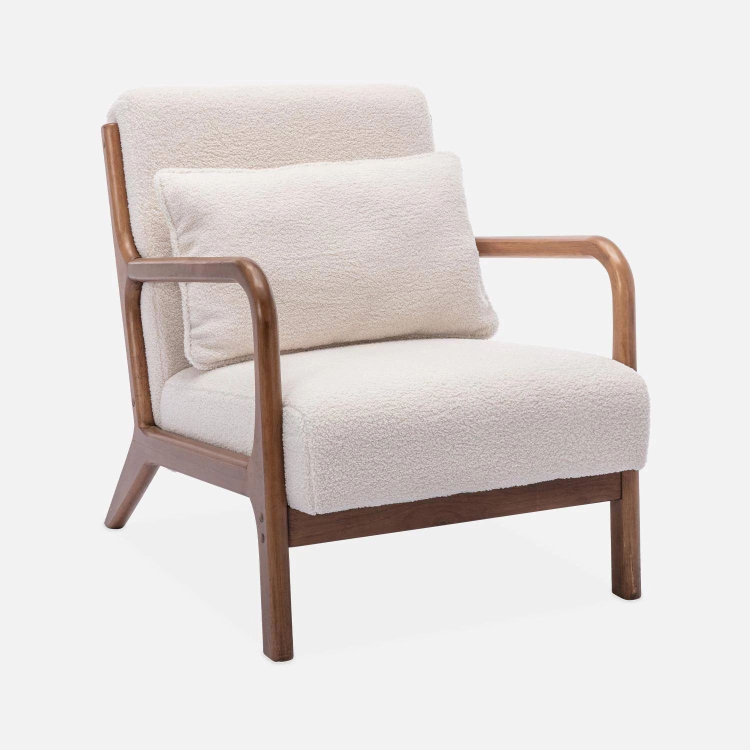 Fauteuil Scandinave Bouclettes Et Bois D'hévéa Teinté Noyer Clair – Image 3