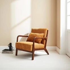 Fauteuil Scandinave Velours CÎtelé Et Bois D'hévéa Noyer Clair