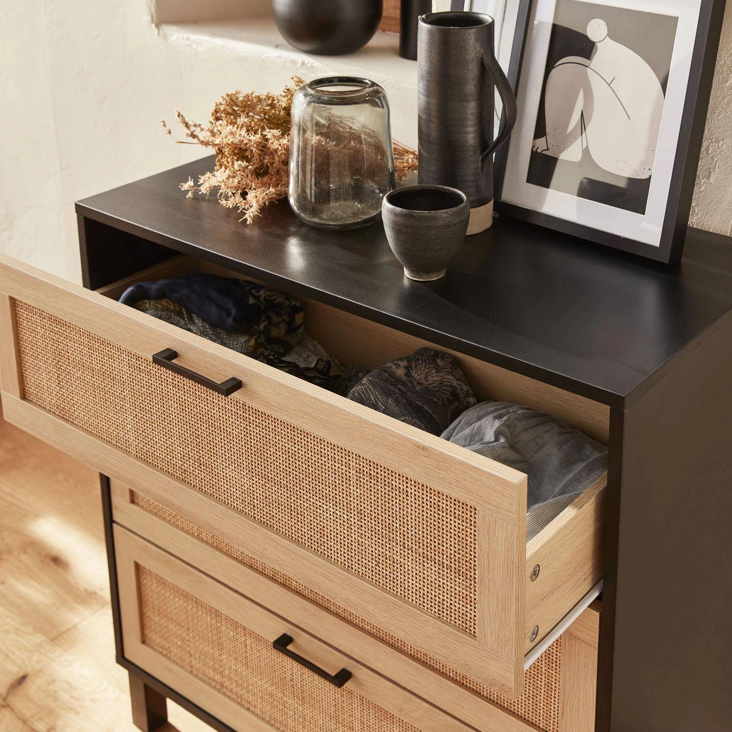 Commode Scandinave Bois Et Cannage 3 Tiroirs â Image 2