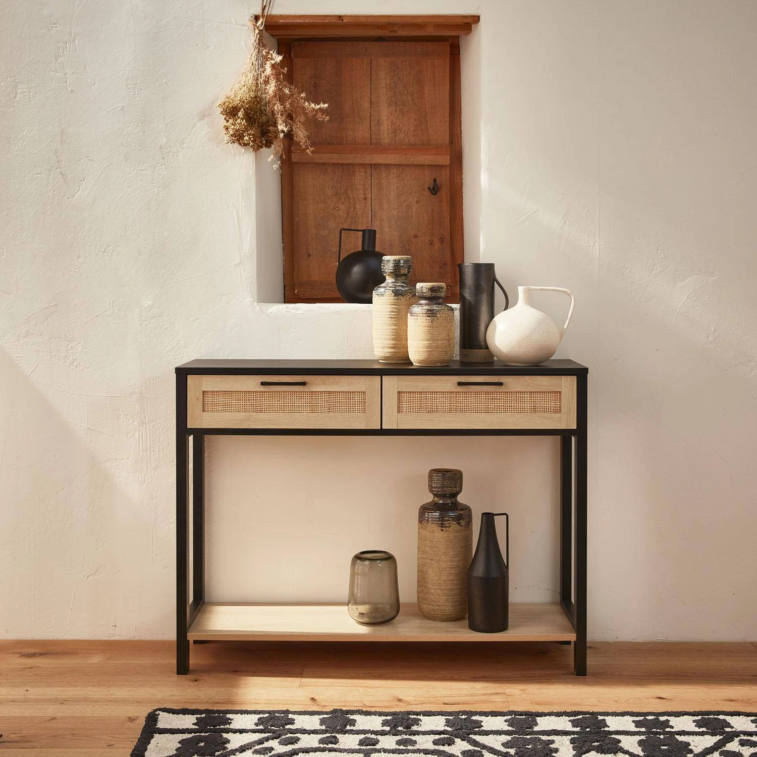 Console Scandinave Effet Bois Et Cannage