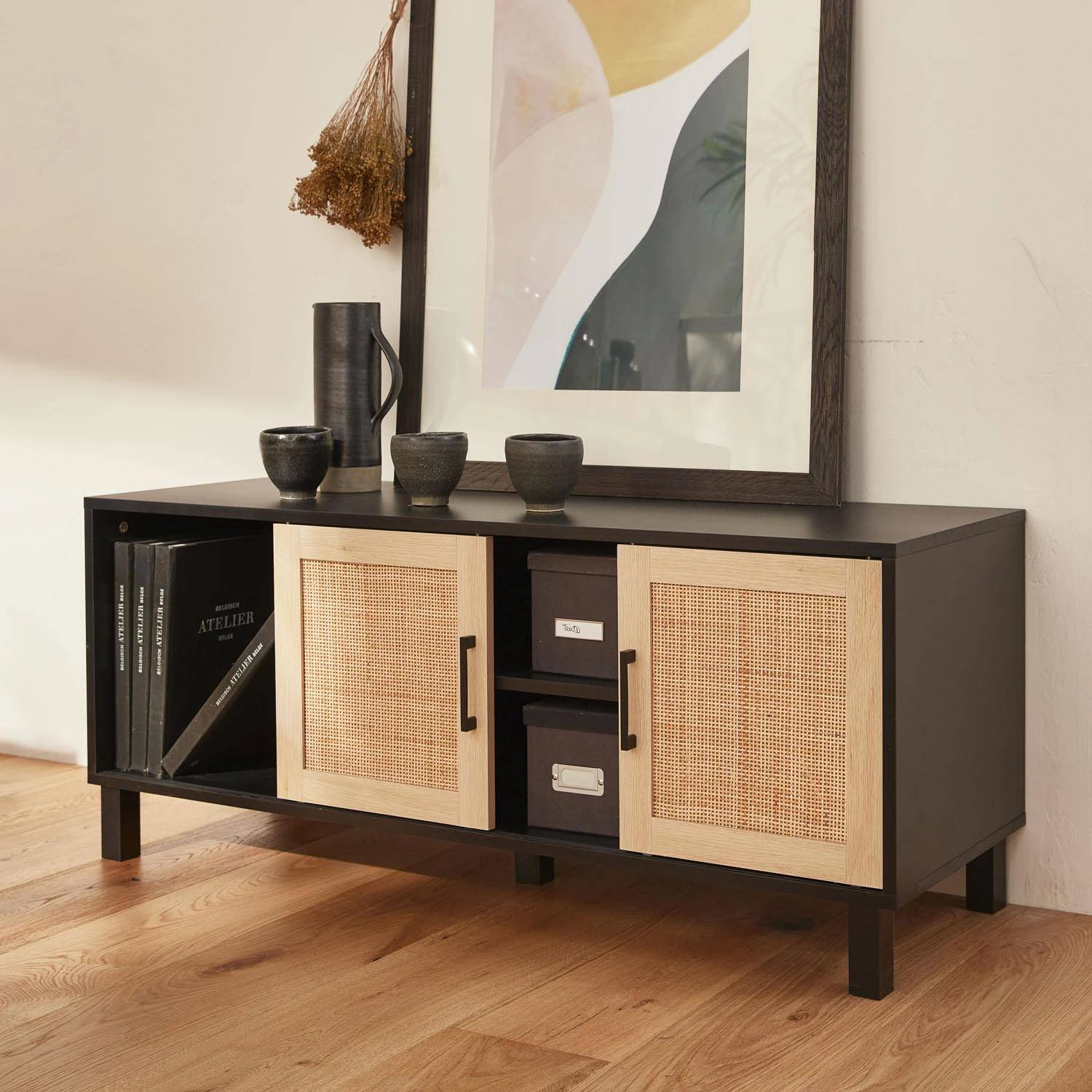 Meuble TV Scandinave Bois Et Cannage 115 Cm â Image 2