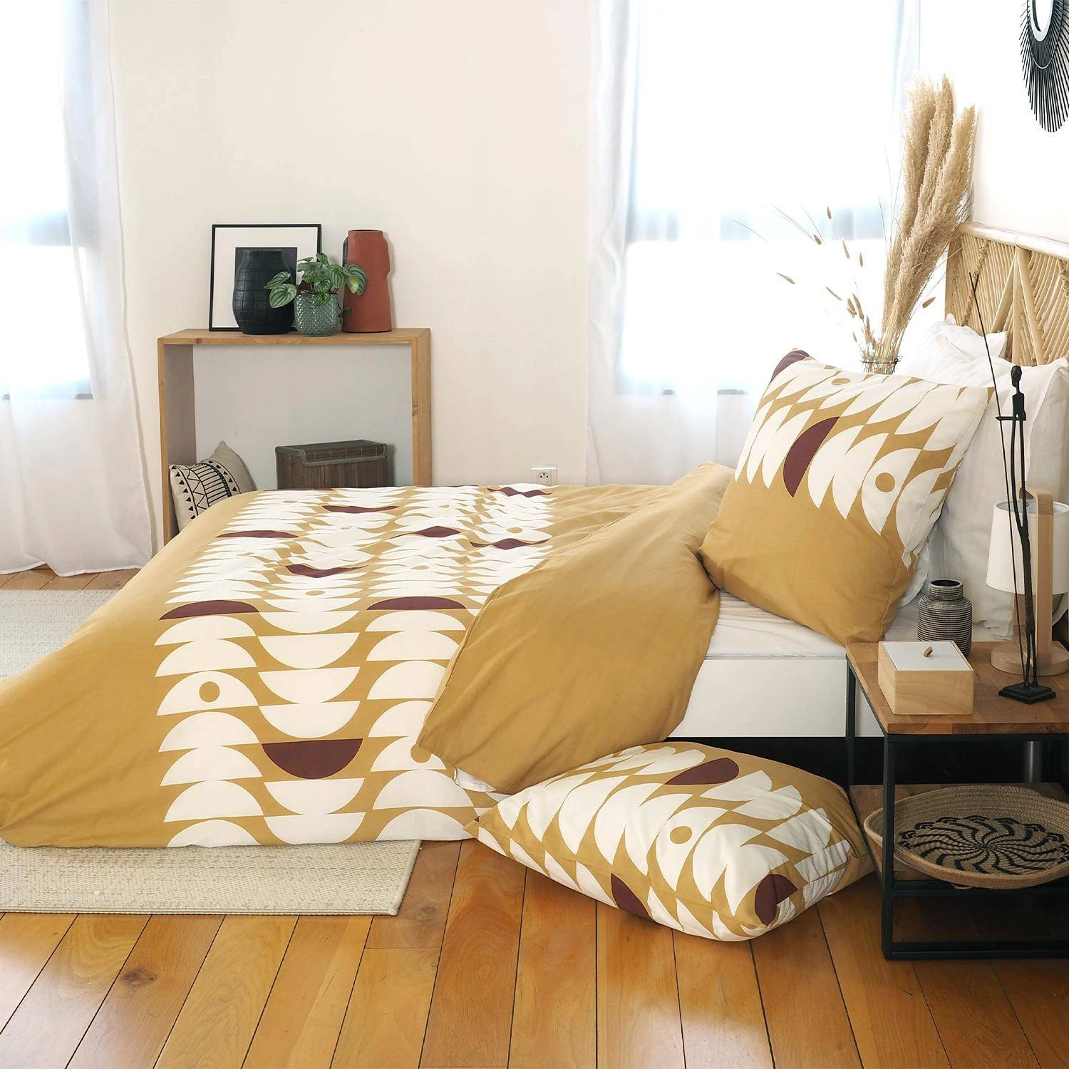 Parure De Lit Réversible 2 Places Imprimé Demi-lunes En Coton Adouci – Image 2