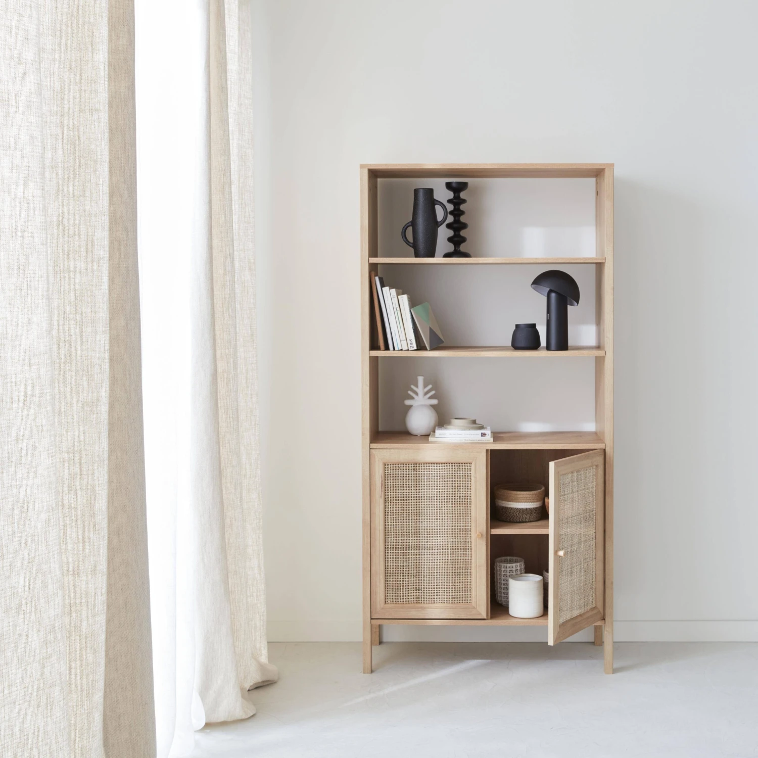 Etagère Bibliothèque Effet Bois Et Cannage, 4 Niveaux – Image 2