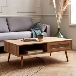 Table Basse Scandinave En Cannage, 1 Tiroir Couleur : Naturel