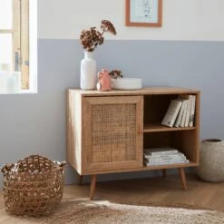 Buffet Scandinave Effet Bois Et Cannage 1 Porte 80 Cm Couleur : Naturel