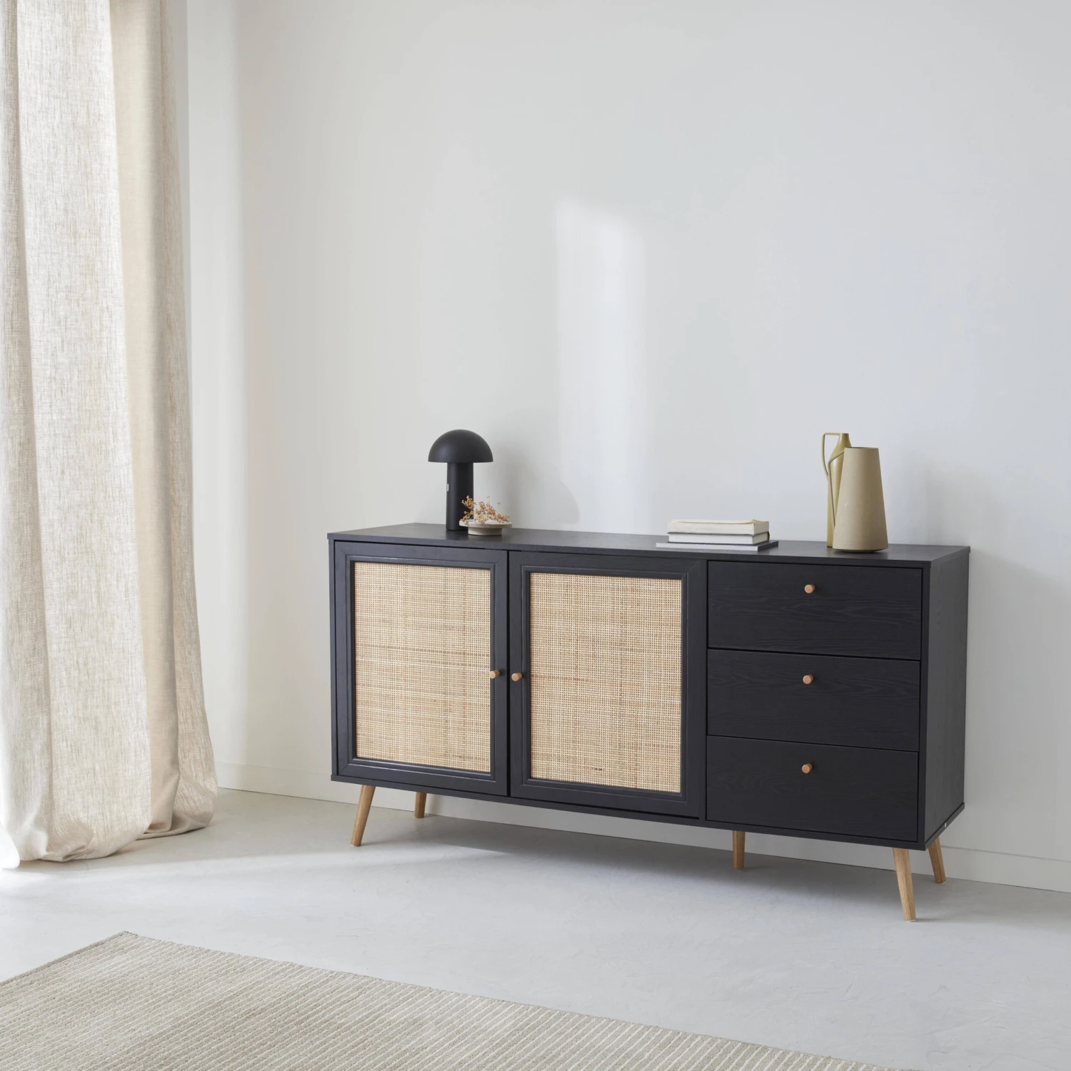 Buffet Scandinave Effet Bois Et Cannage 2 Portes 150 Cm Couleur : Noir â Image 2