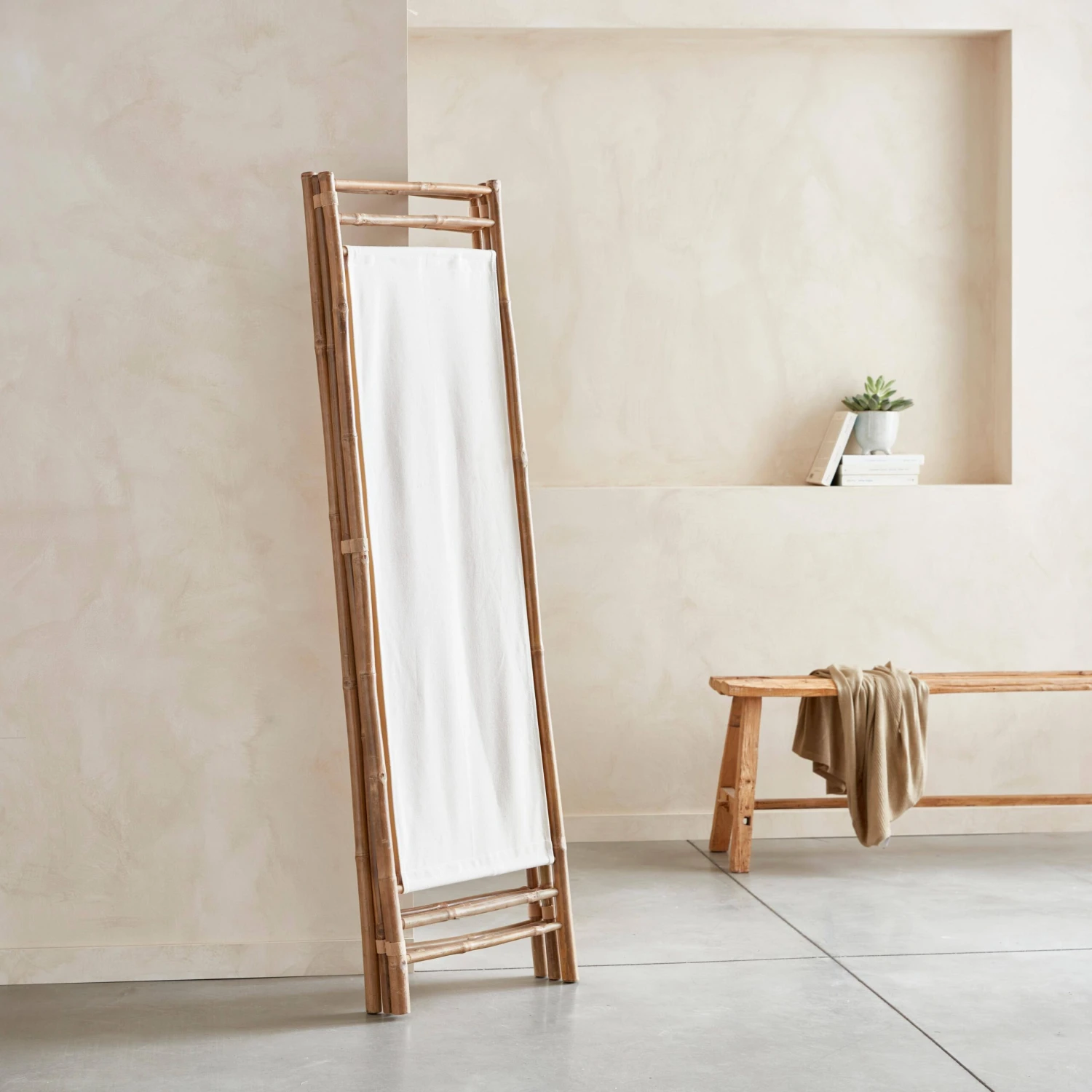 Paravent Pliable Bambou Et Toile Blanche â Image 3