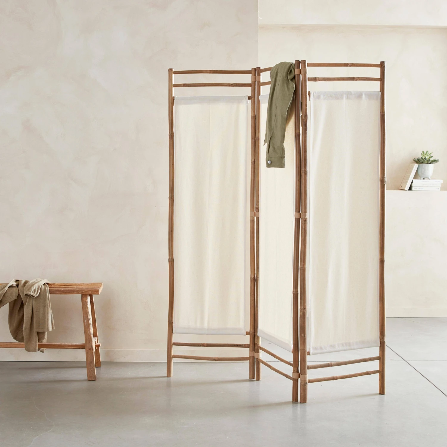 Paravent Pliable Bambou Et Toile Blanche