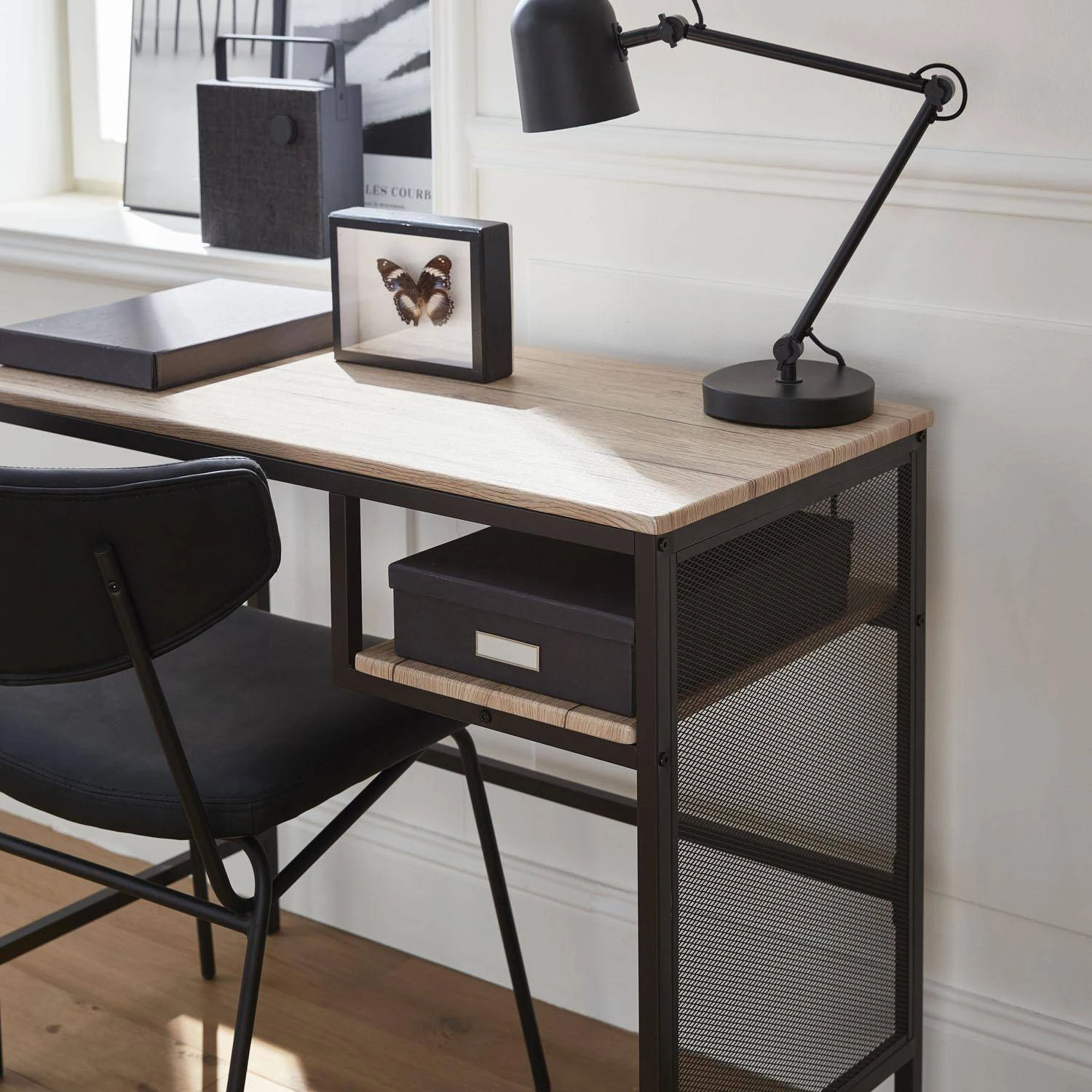 Bureau Métal Et Effet Bois Avec Casier De Rangement – Image 2