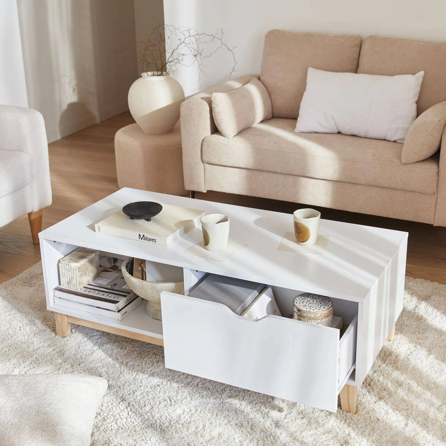 Table Basse Effet Bois Pieds Bois 1 Tiroir â Image 2