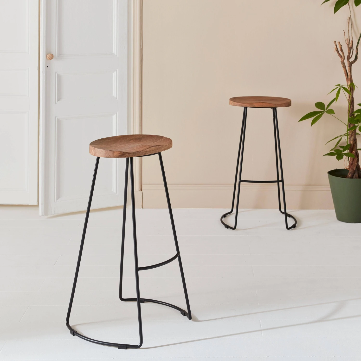 Tabouret De Bar Bois De Manguier Et Acier, Repose Pieds, 75cm (lot De 2) Couleur : Naturel