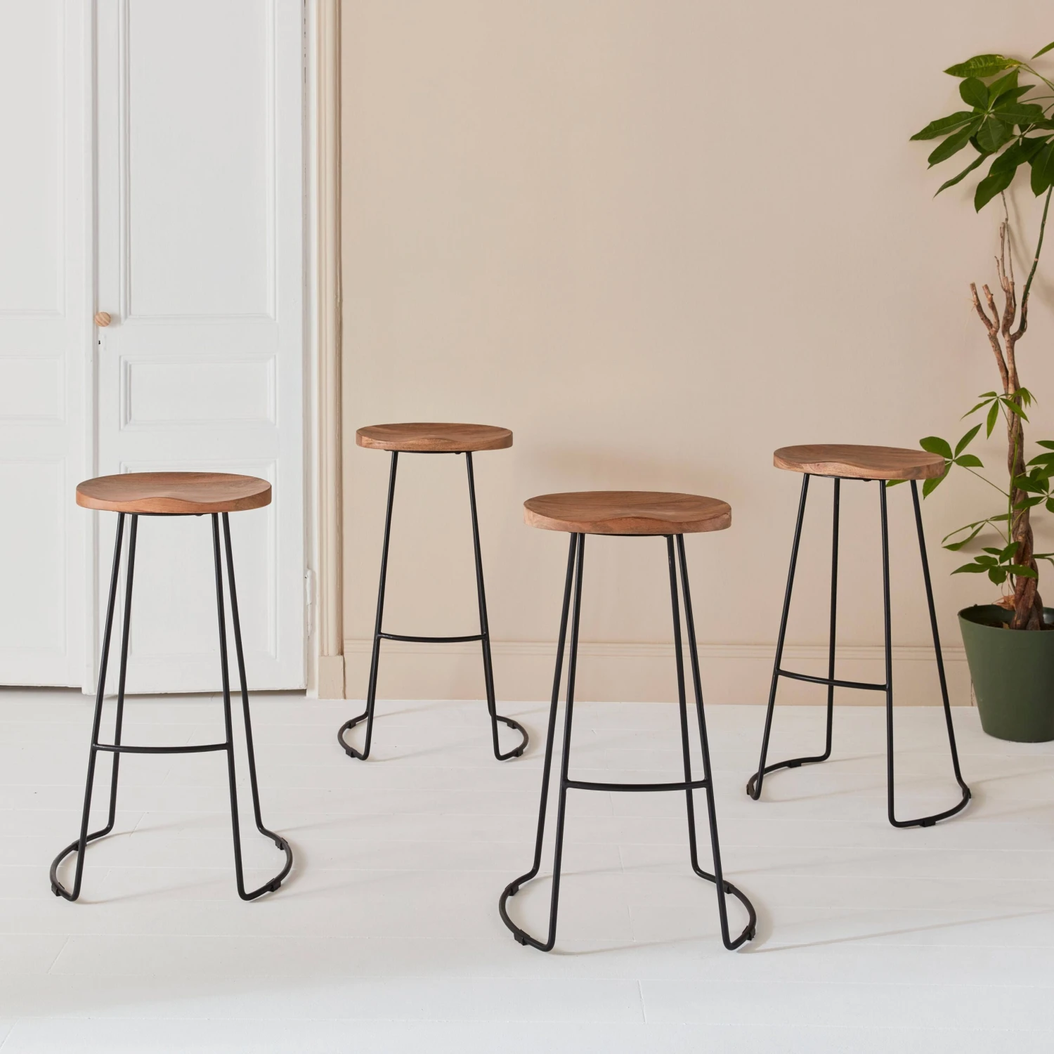 Tabouret De Bar Bois De Manguier Et Acier, Repose Pieds, 75cm (lot De 4) Couleur : Naturel