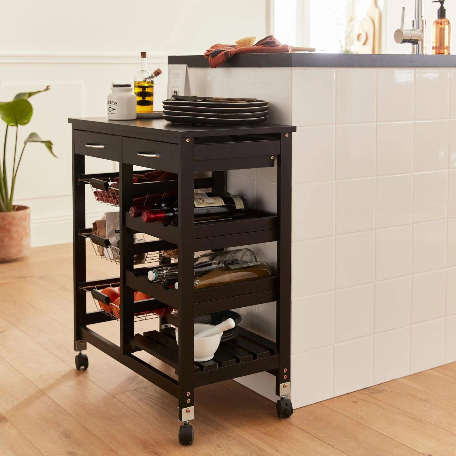 Desserte Cuisine Effet Bois à Roulettes 65 X 35 Cm Couleur : Noir – Image 2