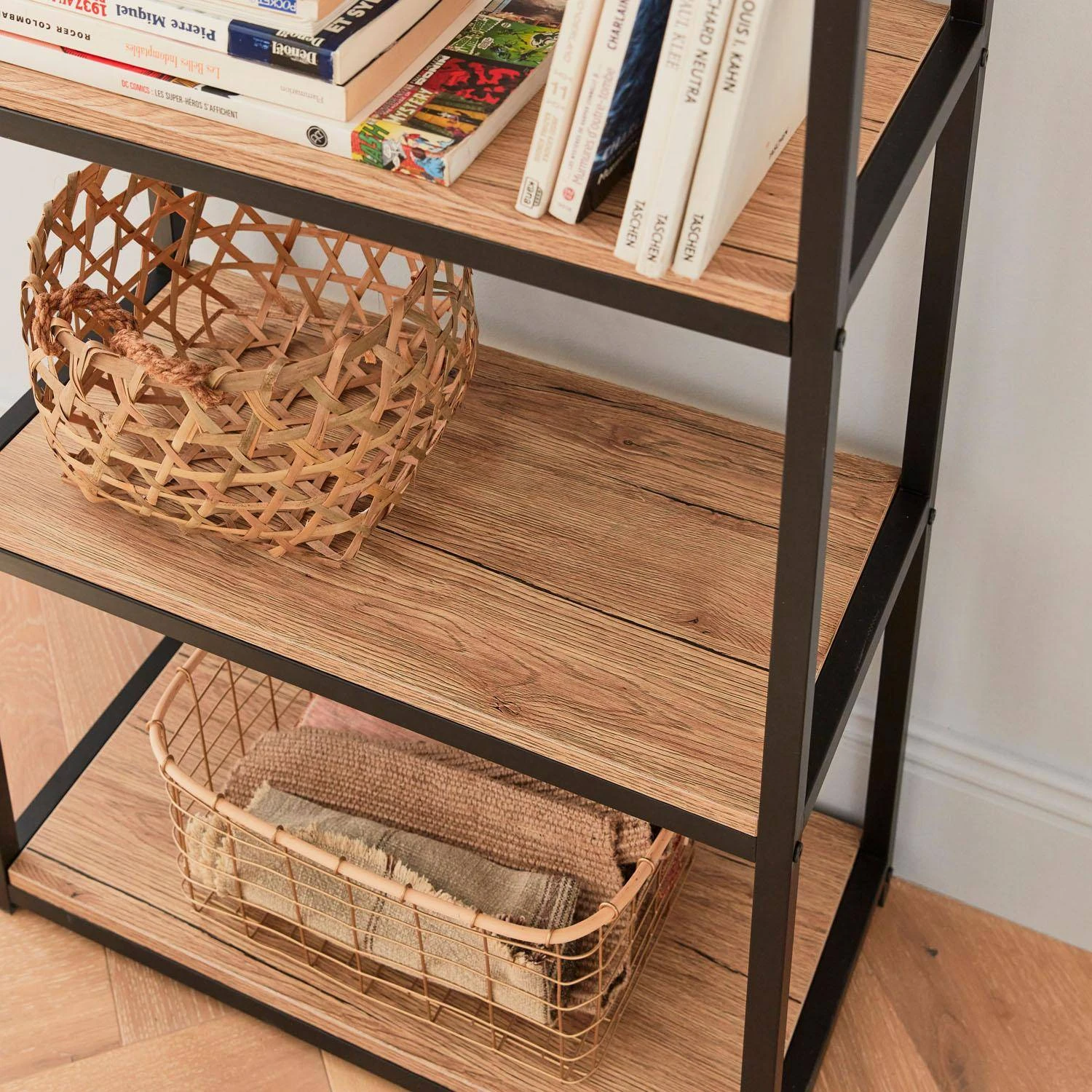 Etagère Bibliothèque Industrielle Métal Et Effet Bois 6 Niveaux Couleur : Noir – Image 2