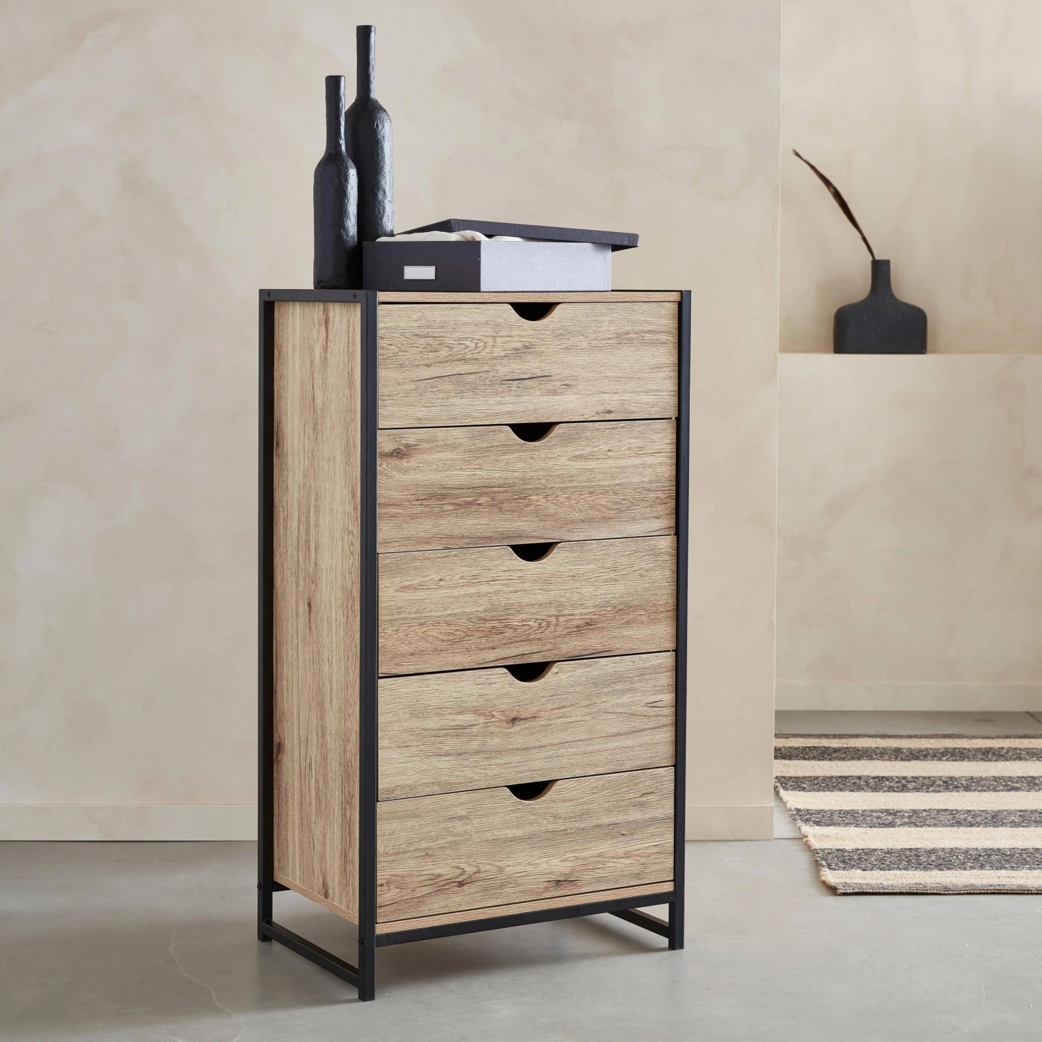 Commode Industrielle Effet Bois Et Métal 5 Tiroirs – Image 2