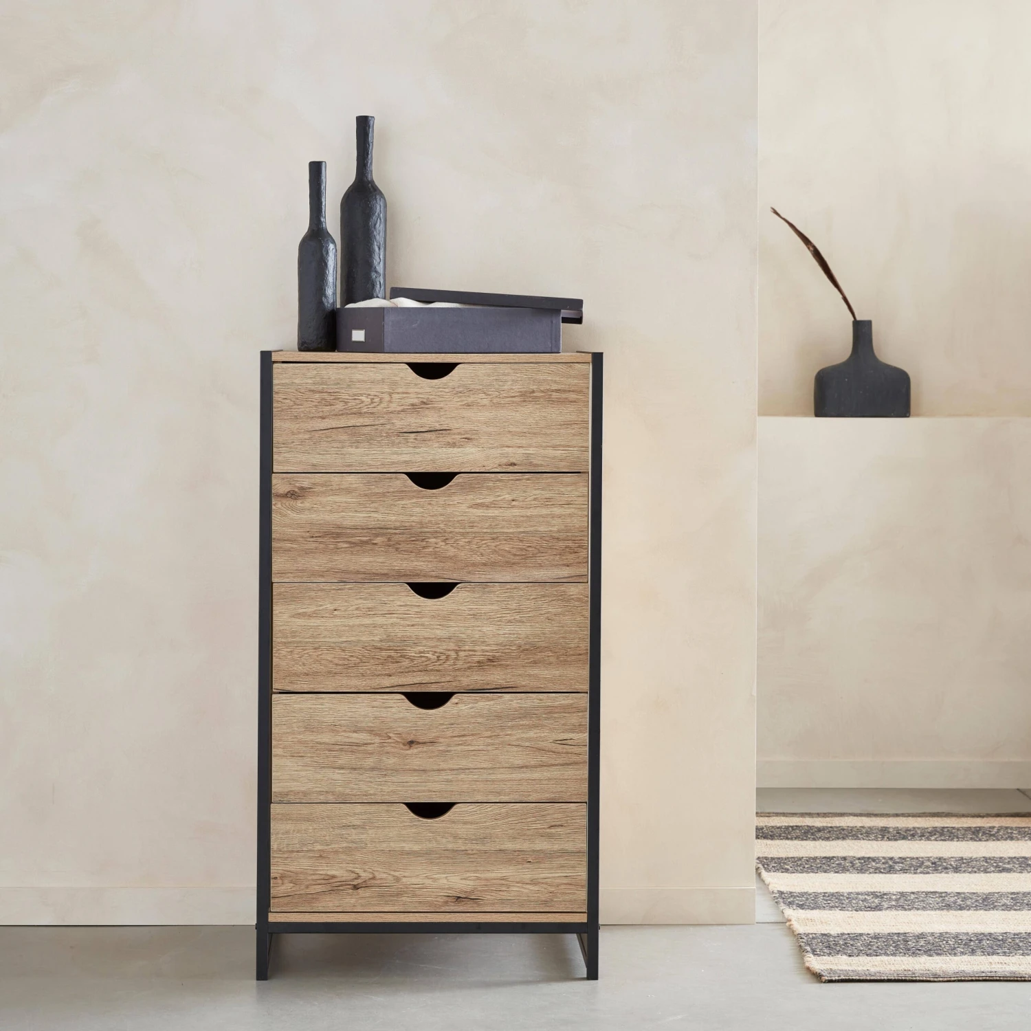 Commode Industrielle Effet Bois Et Métal 5 Tiroirs