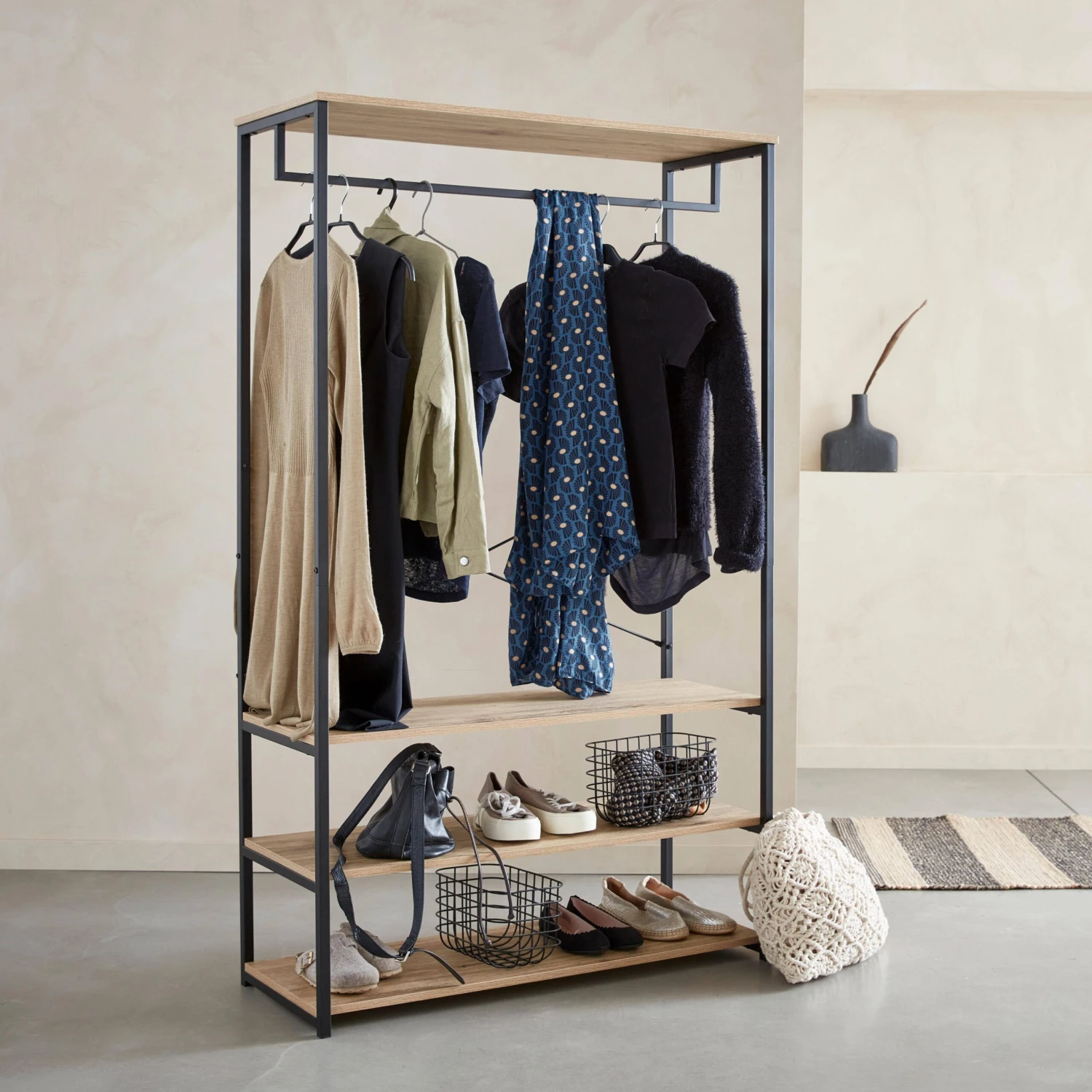 Meuble D'entrée Métal Et Décor Bois, 3 Niveaux, Barre De Penderie – Image 2