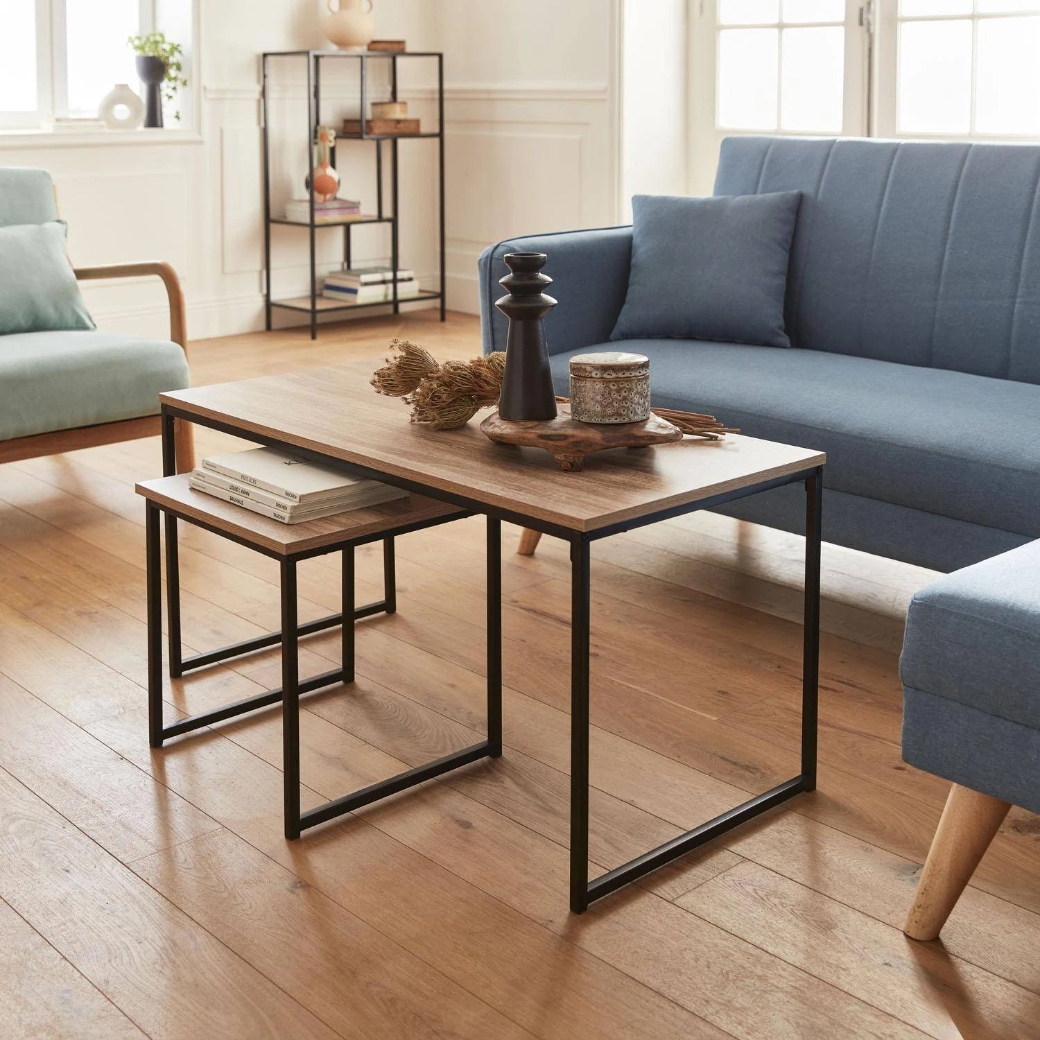 Table Basse Gigogne Encastrable Métal Et Effet Bois (lot De 2) – Image 2