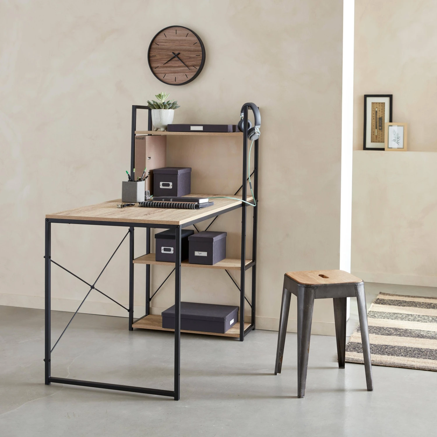 Bureau Bibliothèque Effet Bois Avec étagères – Image 3