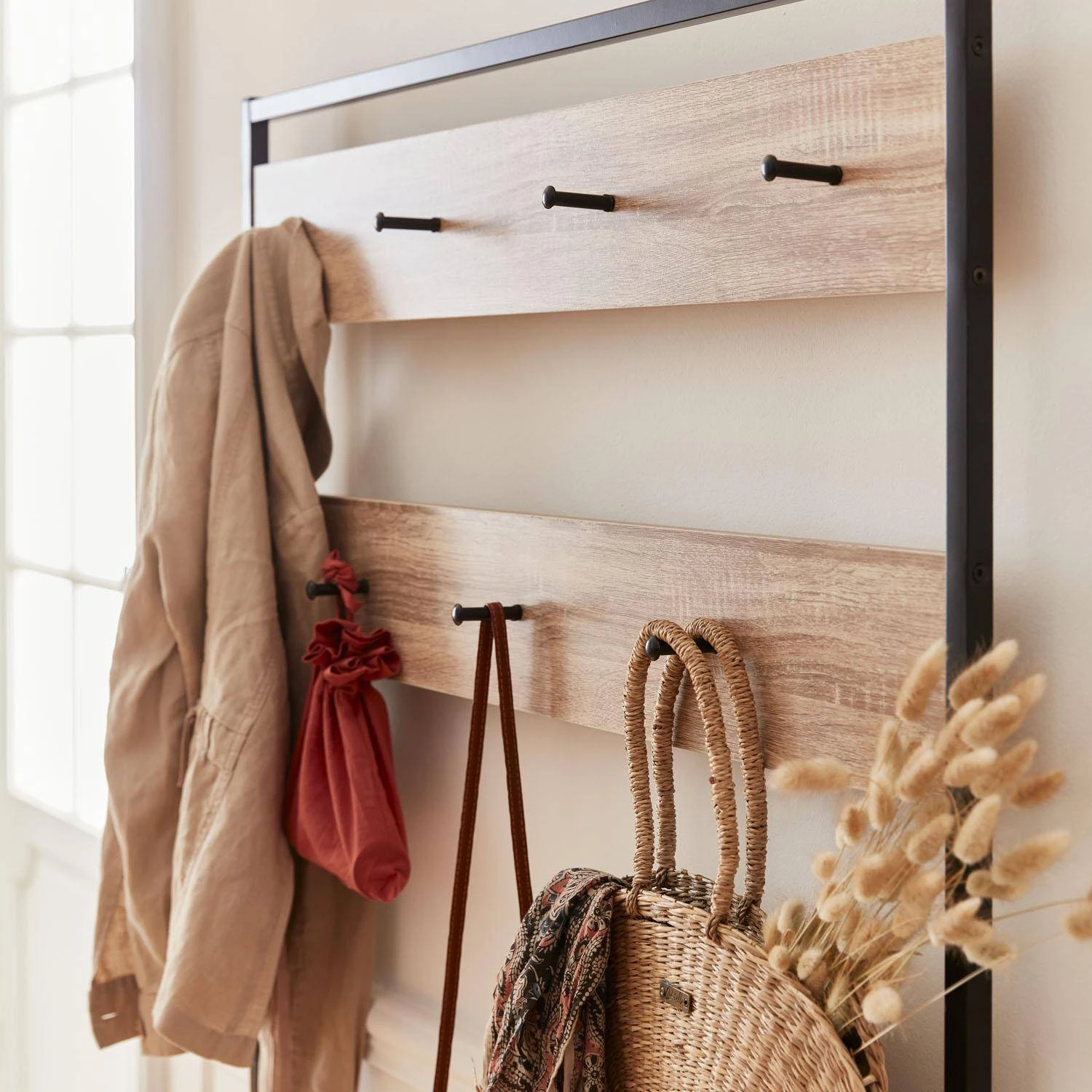 Meuble D'entrée Métal Et Effet Bois 2 Niveaux Et 7 Crochets – Image 2