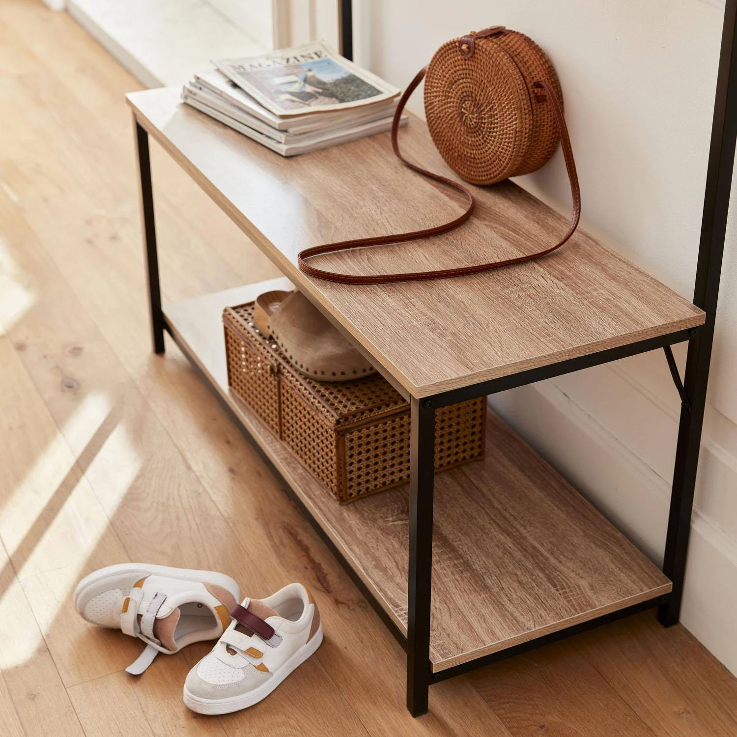 Meuble D'entrée Métal Et Effet Bois 2 Niveaux Et 7 Crochets – Image 3