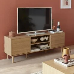 Meuble TV Effet Bois 2 Niveaux 3 étagÚres Et 2 Portes 160 Cm Couleur : Bois