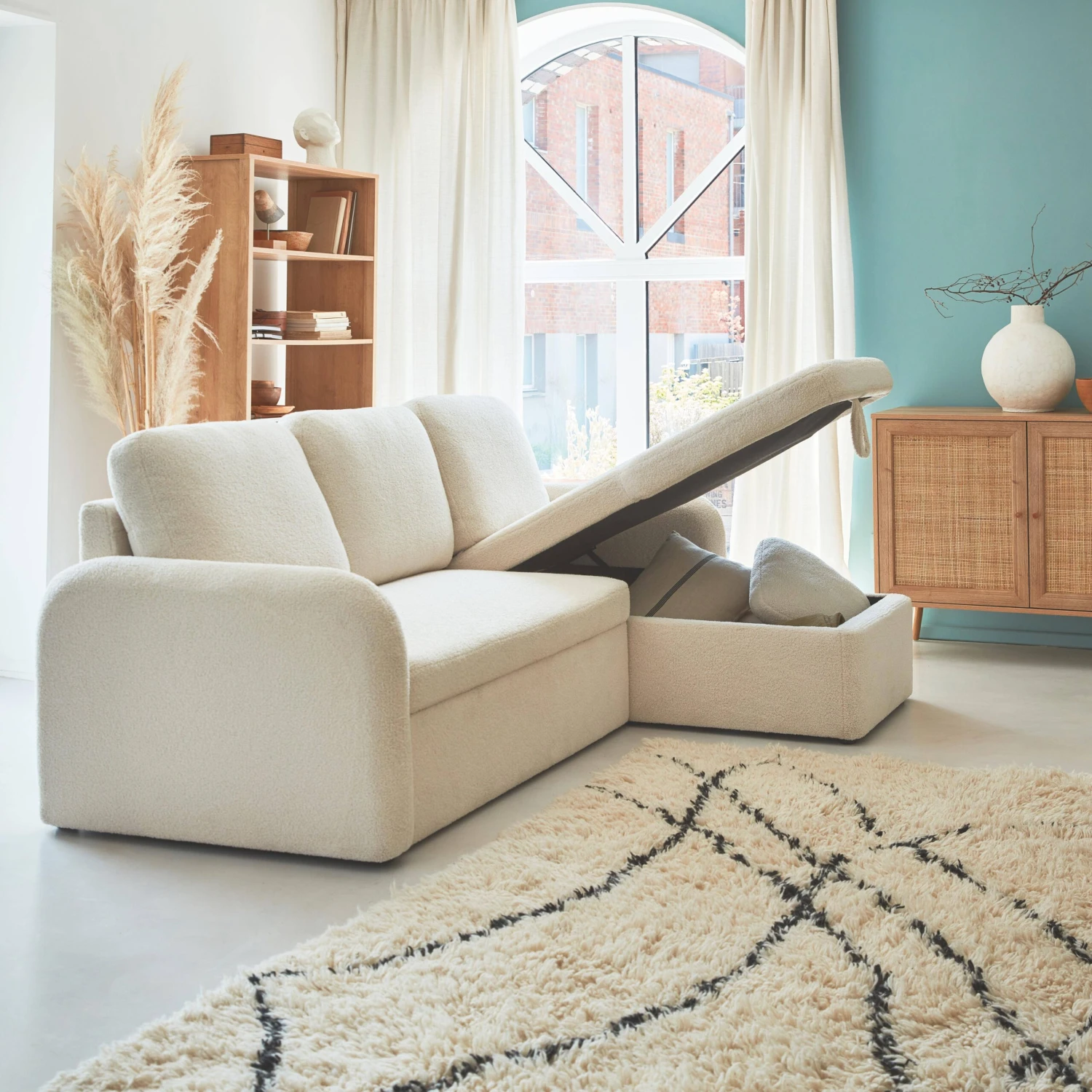 Canapé Convertible 3 Places Bouclettes Blanches, Lignes Arrondies – Image 2